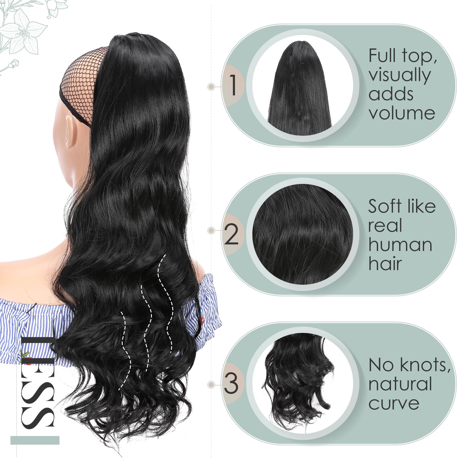 TESS Wavy Ponytail Extension, Drawstring Clip in Ponytail Hair Extensions, Long Hair Extensions, 24 Inches 160g, Dark Black - Image 3