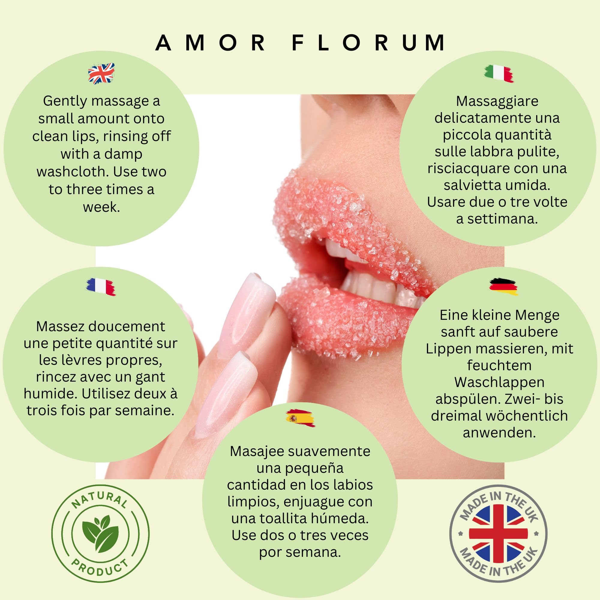 100% Naturel GOMMAGE AU SUCRE POUR LES LÈVRES - avec MIEL & VANILLE et HUILE DE JOJOBA & VITAMINE E - 60g - par AMOR FLORUM. Gommage au Sucre Exfolie et Nourrit les Lèvres en Douceur.