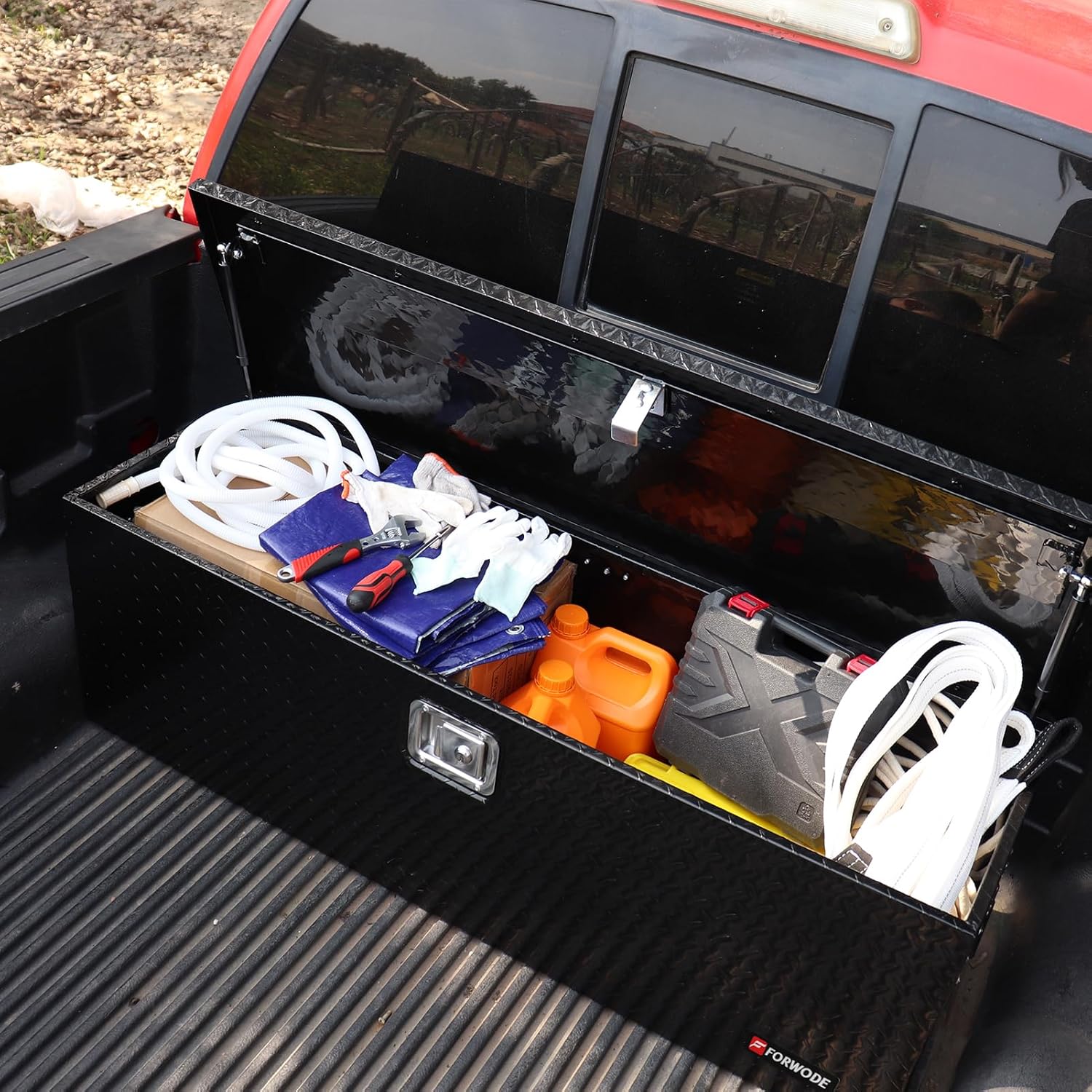 FORWODE 48 Inch Aluminum Truck Tool Box Lockable Truck Bed Tool Box Waterproof Truck Bed Storage Box with Gas Struts & Side Handle Truck Tool Chest for Pickup, Truck Bed, RV, Trailer & Garage (Black)