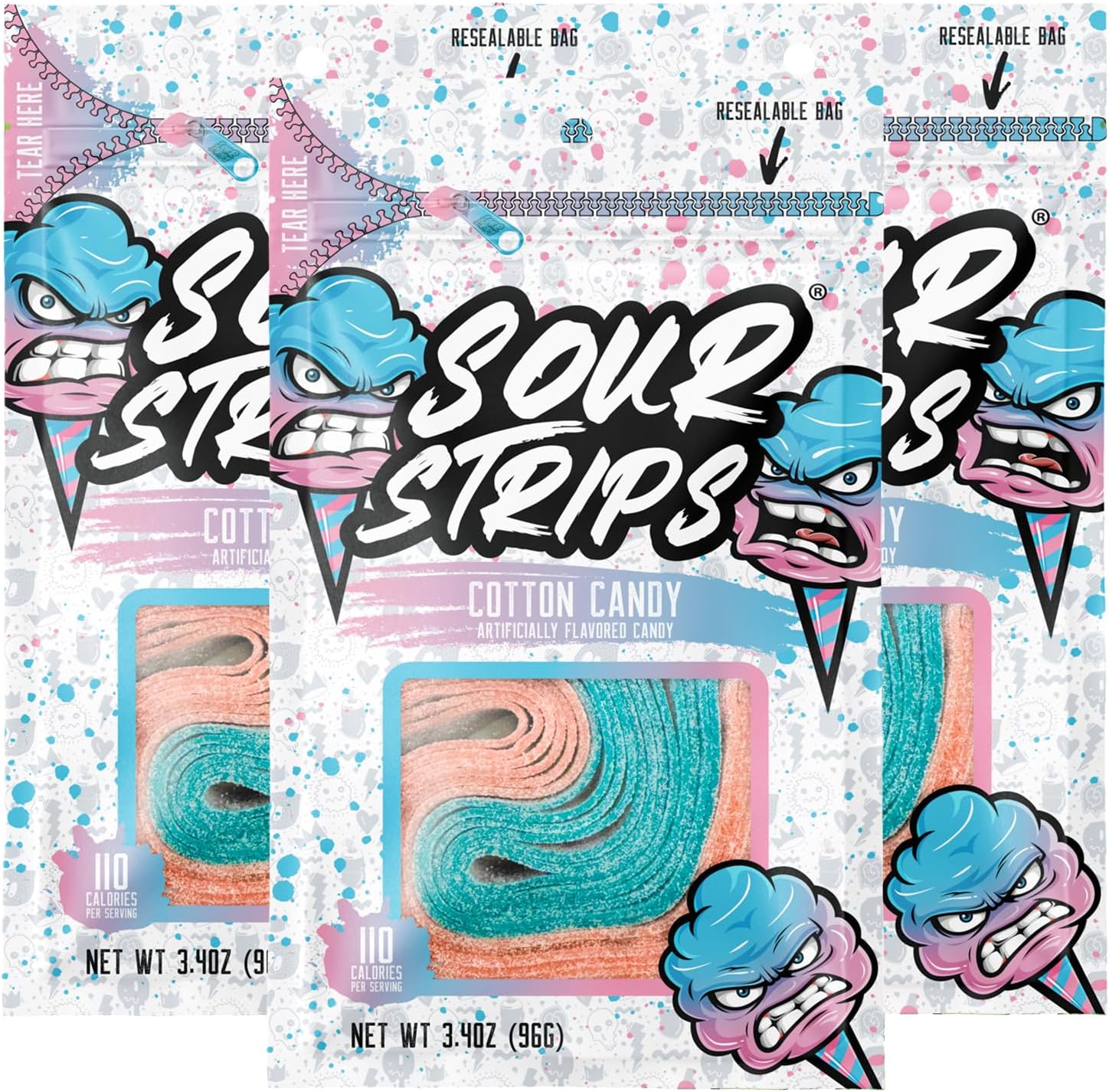 Flavored Sour Candy Strips, Deliciously Sour Chewy Candy Belts, Vegetarian Candies, 3 Pack (Cotton Candy (3-Pack))