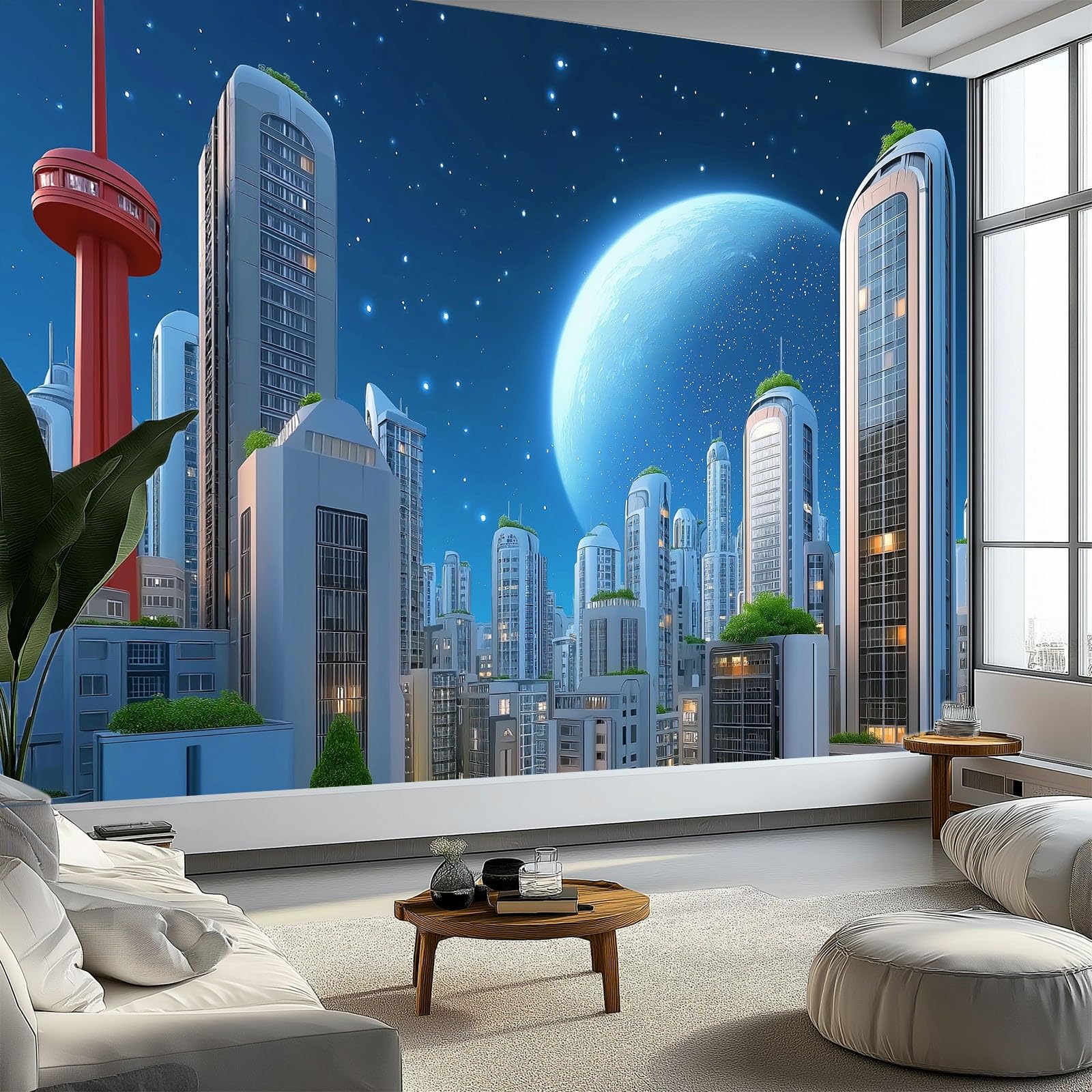 Fototapeta XXL 300 x 210 cm, niebieski plakat ścienny 3D włóknina na ścianę telewizora do przedpokoju i salonu, dekoracja wnętrz Kreskówka planety miasto drapacze chmur
