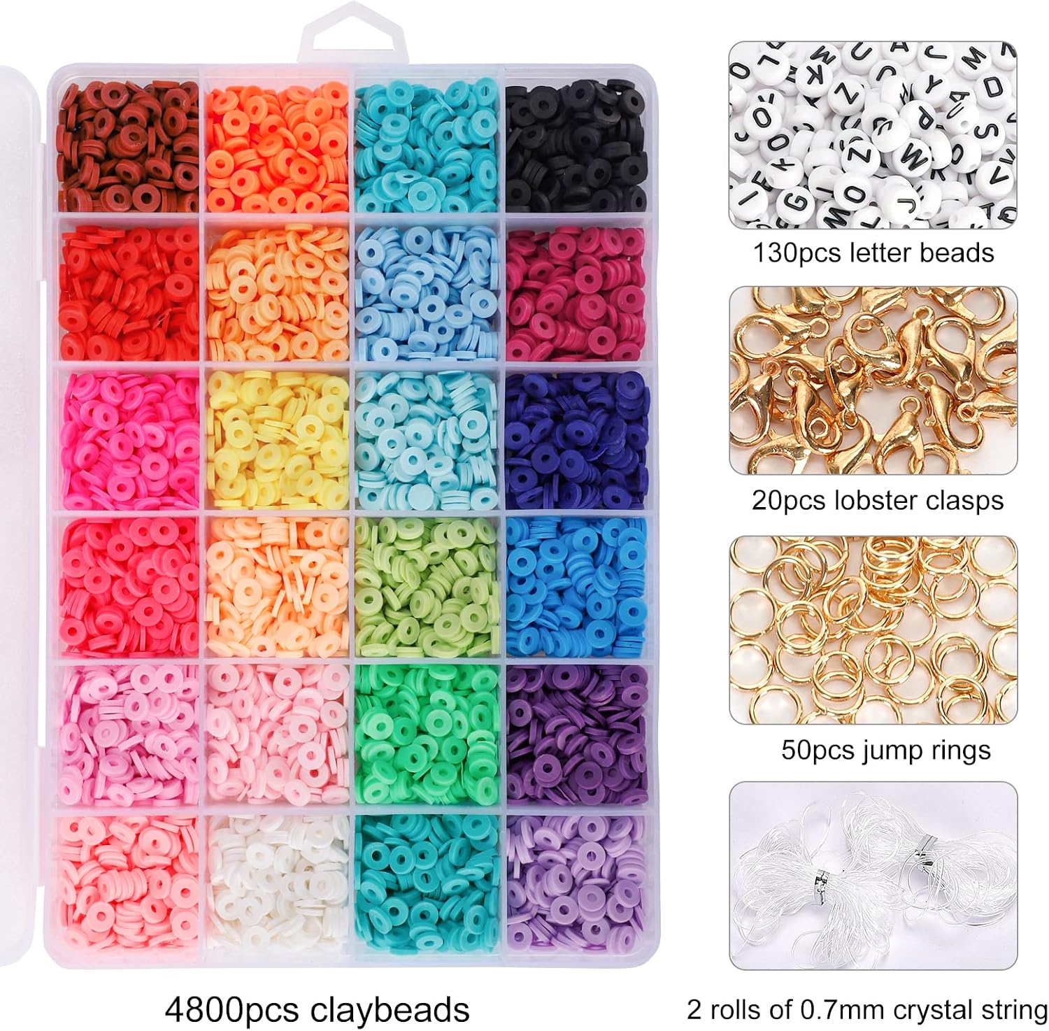 Quefe 5000 Pcs Clay Heishi Beads Polymer Flat Round Disc Beads Kit, Including 130 Pcs Letter Beads Lobster Clasp and Jump Rings for DIY Jewelry Marking Bracelets Necklace Earring, 24 Colors 6mm