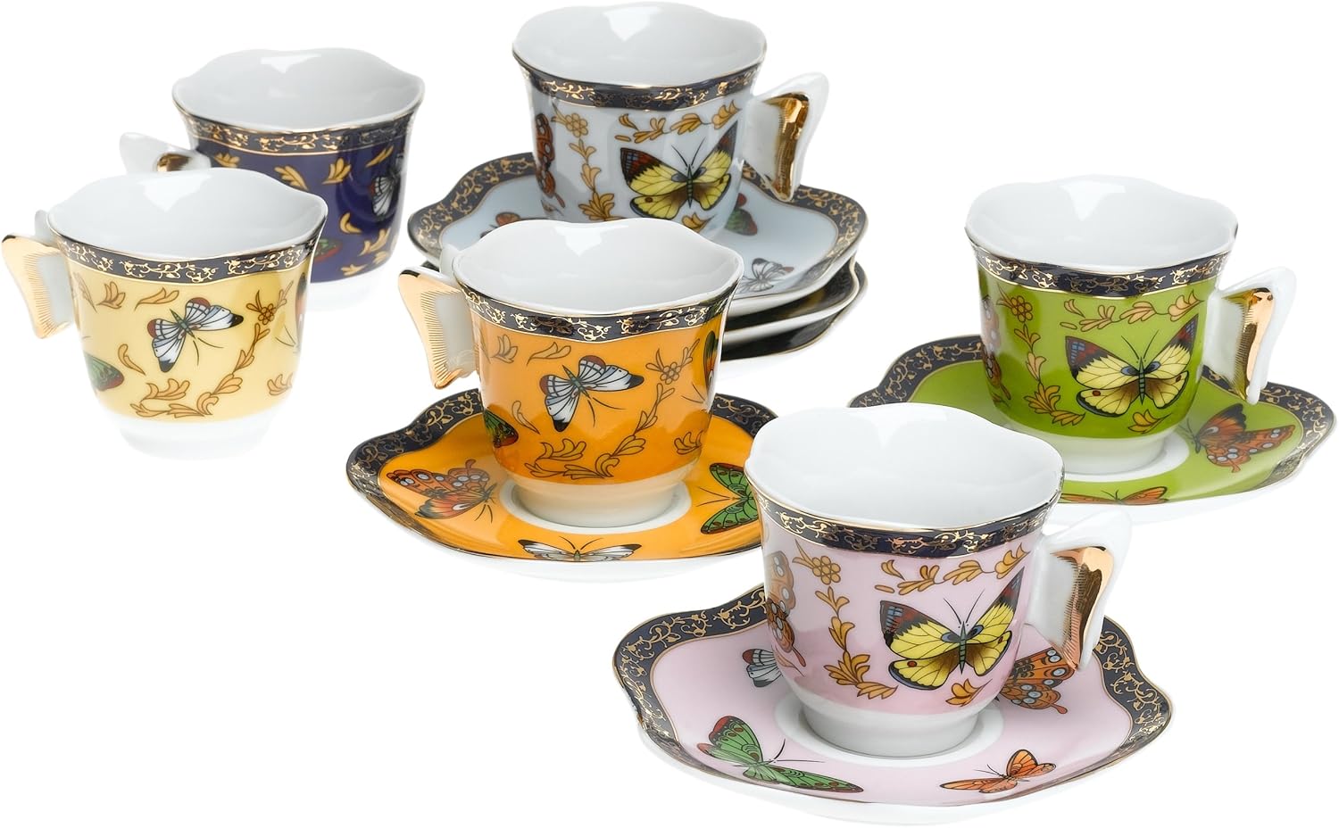 Yedi Houseware Classic Coffee and Tea Butterfly Espresso Cups and Saucers, Gold, Set of 6