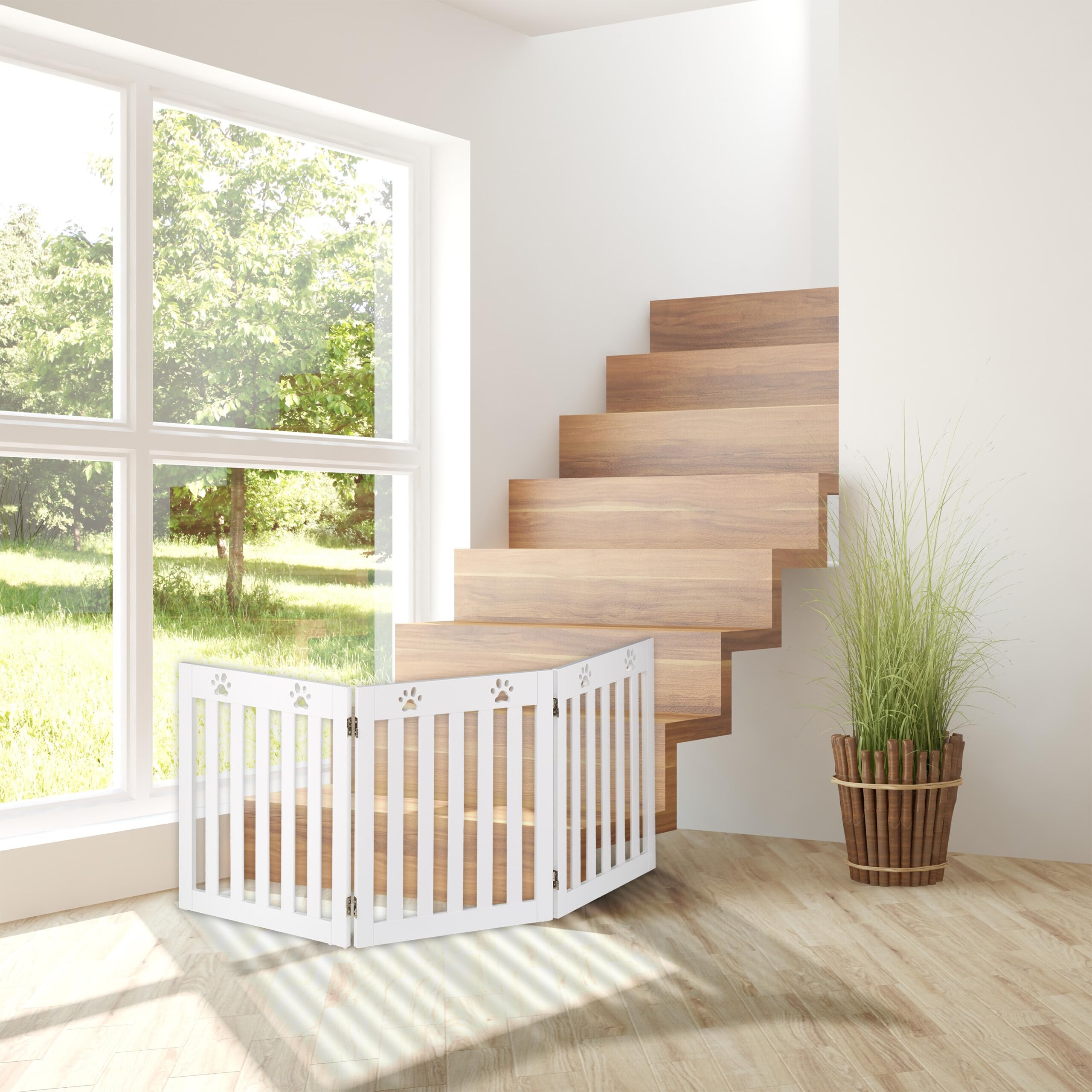 Relaxdays Valla Seguridad para Perros, Barrera de Escalera, Reja Protectora Autónoma, 60 x 153 cm, MDF, Plegable, Blanco, Tablero de Fibras