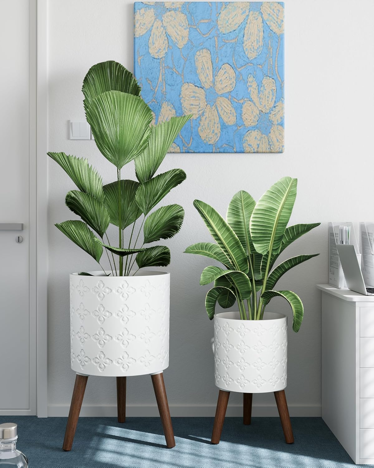 Planter with Stand,Set of 2 – Large Indoor Plant Pots & Drainage, Matte White