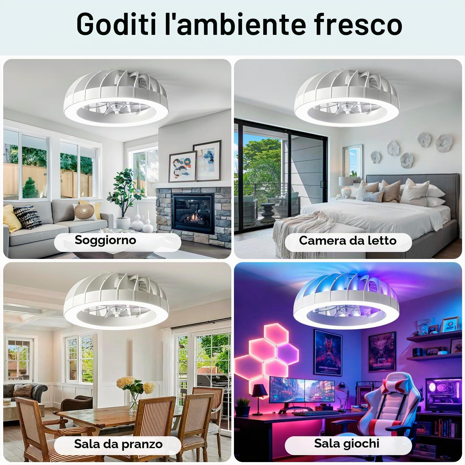 Ventilatore da Soffitto RGB Dimmerabile a LED | Bambino Cameretta Lampadario Ventilatore Reversibile con Telecomando, 6 Velocità Lampadario Per Camera Da Letto-White