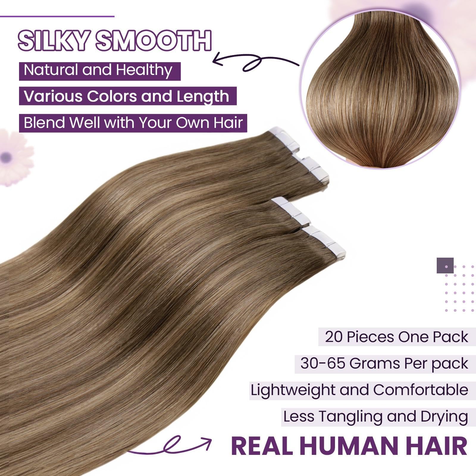 LaaVoo Tape in Hair Extensions Human Hair 50g Tape Hair Extensions Real Human Hair Invisible Tapes Remy Straight Balayage Light Brown to Blonde Hair Double Sided Tabs 20pcs 18 Inch #8/16/8 - Image 2