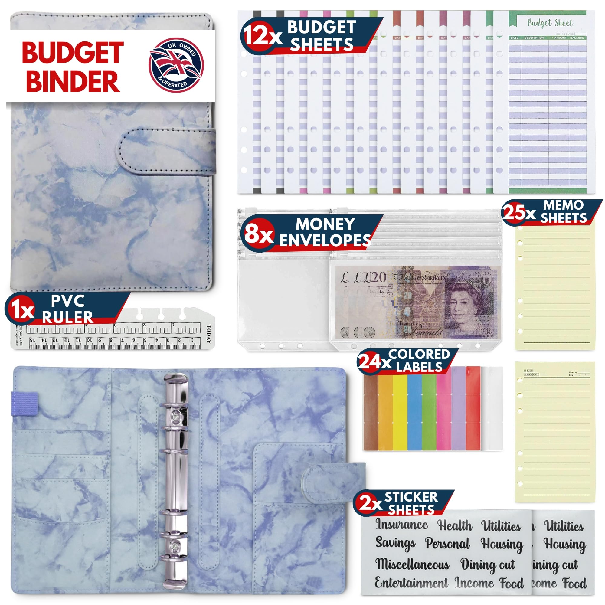 A6 PU Leather 51pcs Budget Binder Notebook - Money Saving Wallet with Plastic Money Wallet Organiser, Label Sticker, Ruler - Budget Planner & Cash Envelopes for Cash Stuffing Wallet UK - Blue