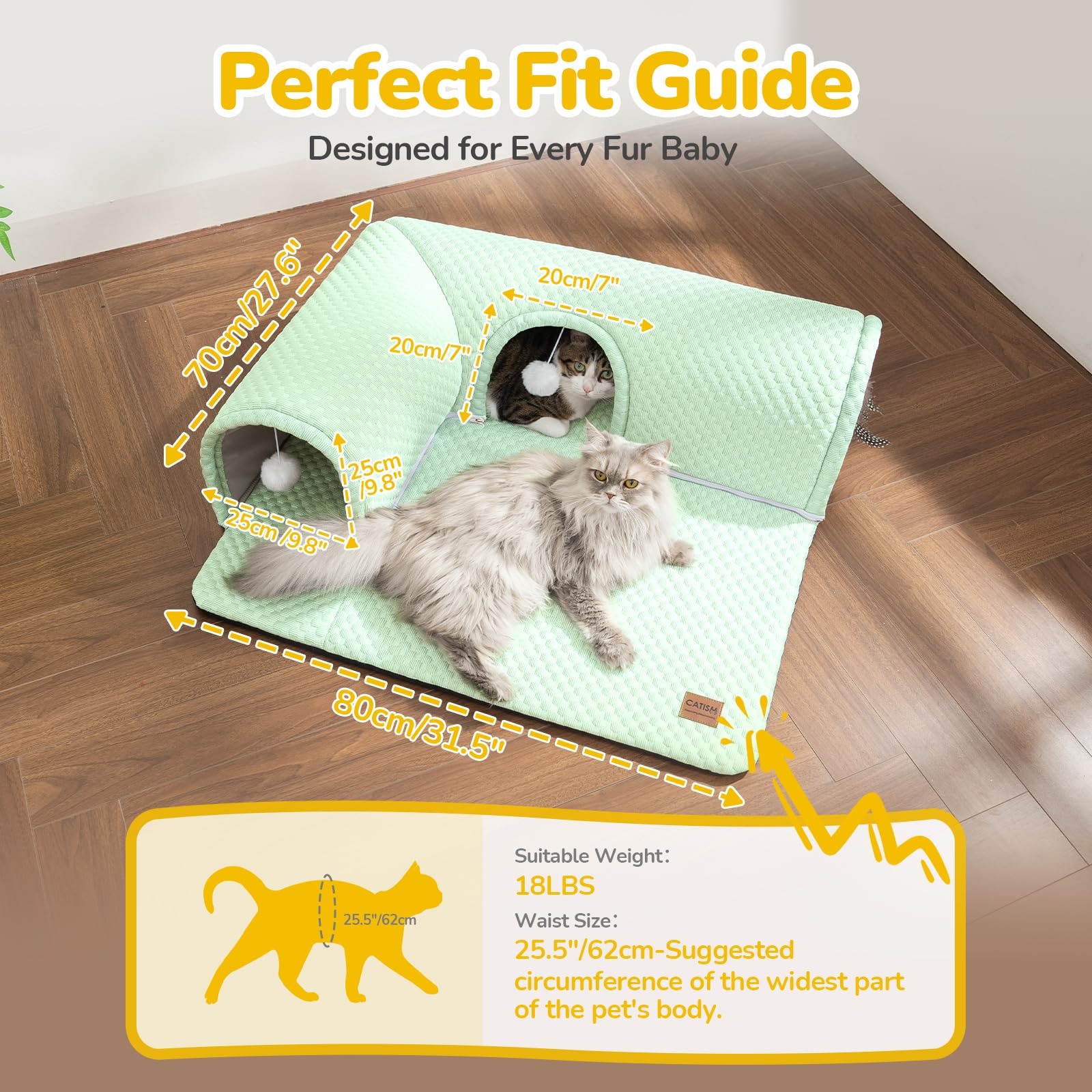CATISM Lit pour chat avec tunnel - Tunnel pour chat d'intérieur - Ports à 3 voies - 3 jouets - Tapis amovible - Tunnel doux - Grande grotte - Tapis antidérapant - Lit tube pour chaton, furet et petits