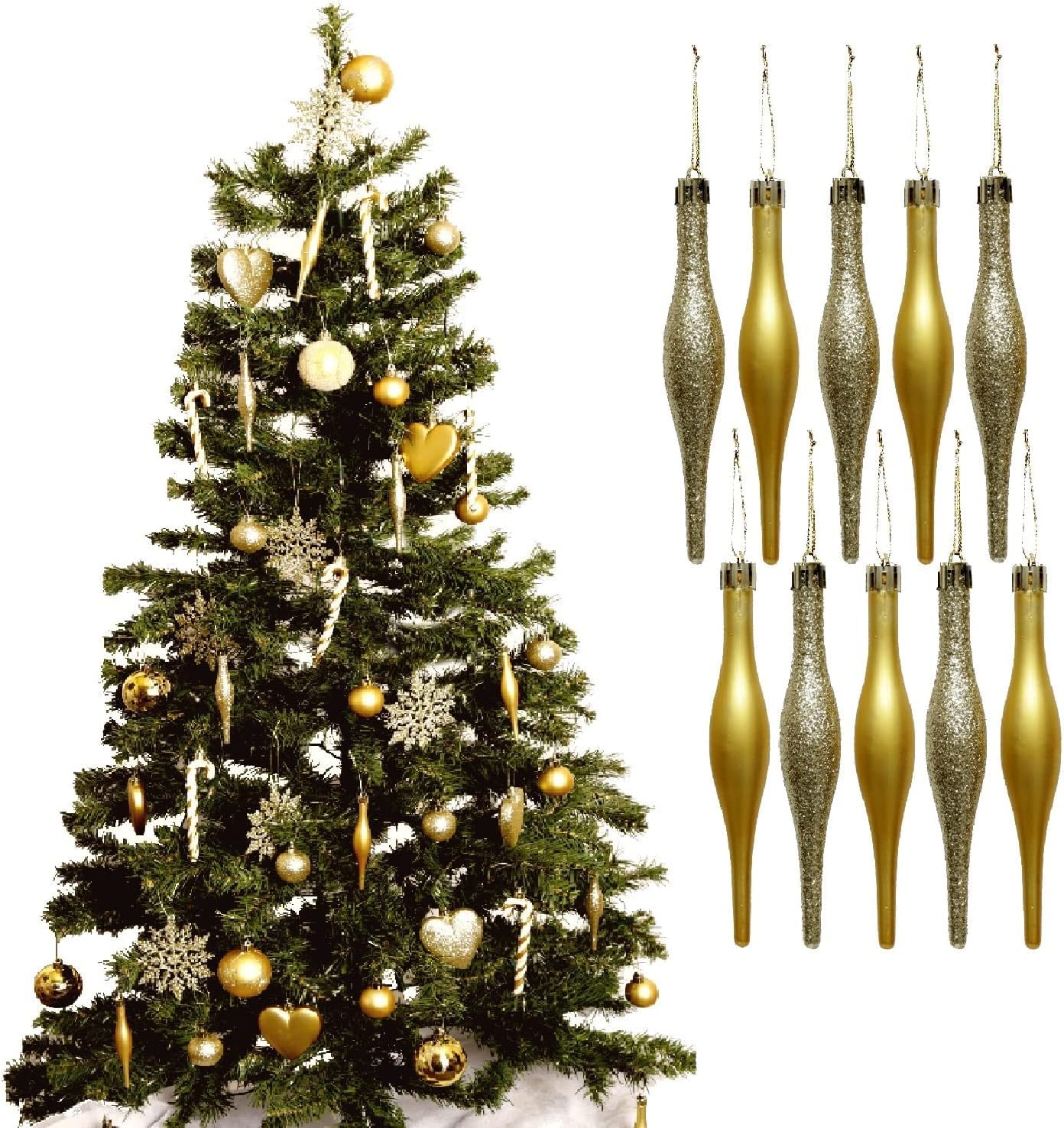Ukdeals Direct Pack Of 10 Droplets 120Mm Ukdd® Gold Collection Christmas Droplet Baubles Tree Decorations, Glitter, Matt Icicles, Reindeer (Pack Of 10 Droplets 120Mm)