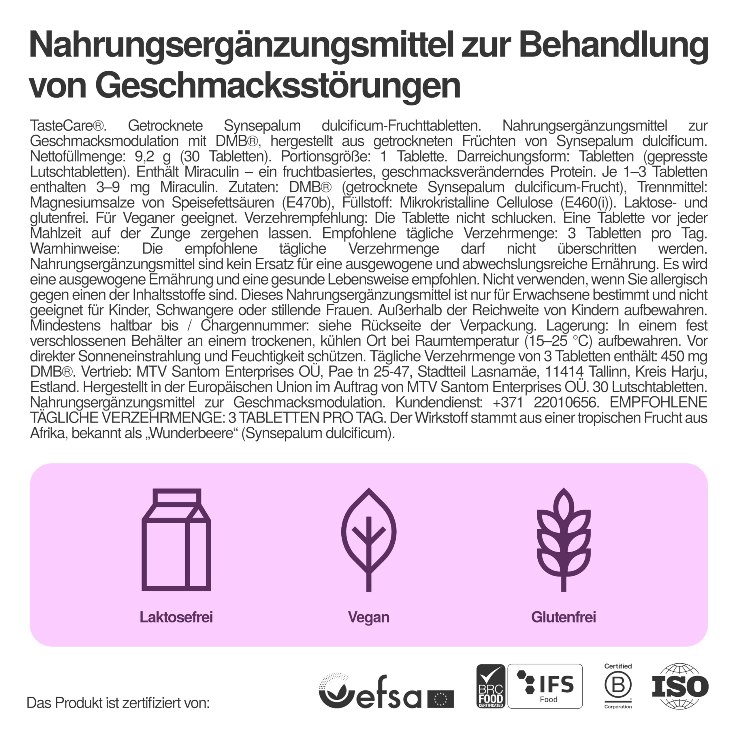 TasteCare Miracle Berry Tabletten | 30 Stück | Macht Saures Süß in Sekunden | Wirkung bis 1 Stunde | Miraculin Tabletten aus Wunderbeere | Zuckerfreie Süßigkeiten | Hergestellt in der EU