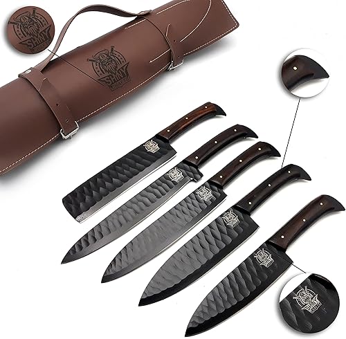 SHINY CRAFTS Juego de cuchillos de cocina forjados hechos a mano con mango de madera Wangi y hoja de acero de Damasco, cuchillos de chef con rollo SHINY CRAFTS Juego de cuchillos de cocina forjados hechos a mano con mango de madera Wangi y hoja de acero de Damasco, cuchillos de chef con rollo