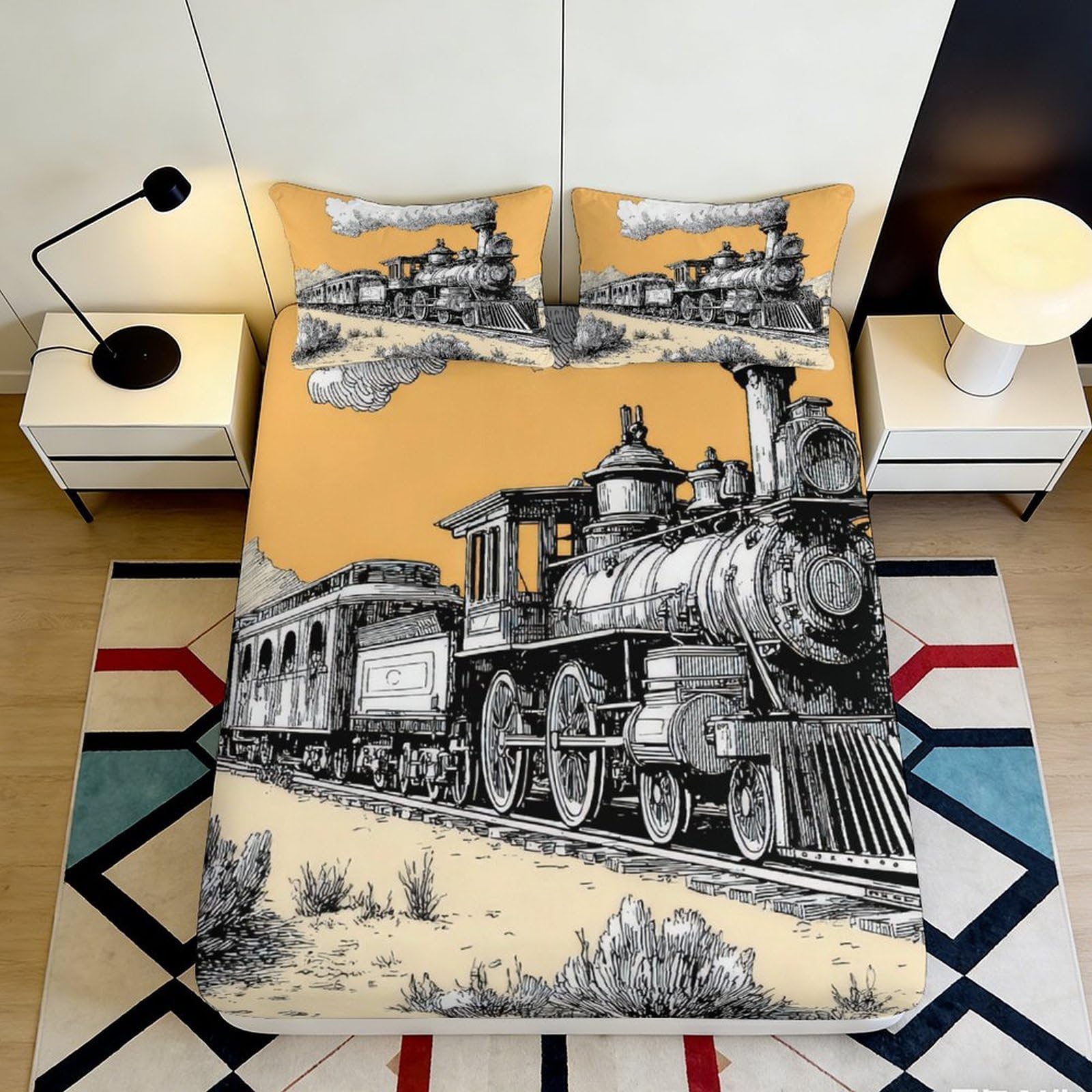 3D Printed Vintage Train Fitted Sheet Microfiber Soft Breathable Classic Locomotive Bed Cover for Bedroom Dormitory Guest Room Mattress Protection 90x200x25cm