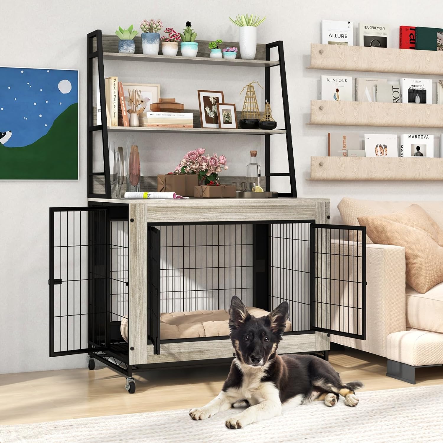 PETSITE Portable Dog Crate Furniture with Storage Shelves, 59 Inch Wooden Dog Kennel with Flip-up Top, 3 Lockable Doors and Removable Tray, Ideal for Small to Medium Dogs (Grey)