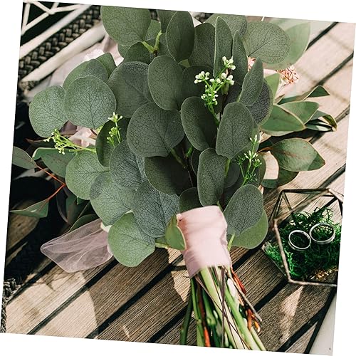 Miniatura 7 de VOSAREA 18 piezas de hojas de eucalipto simuladas, ramas de eucalipto falsas, ramas de eucalipto de plata sintética, tallos de corona verde, plantas