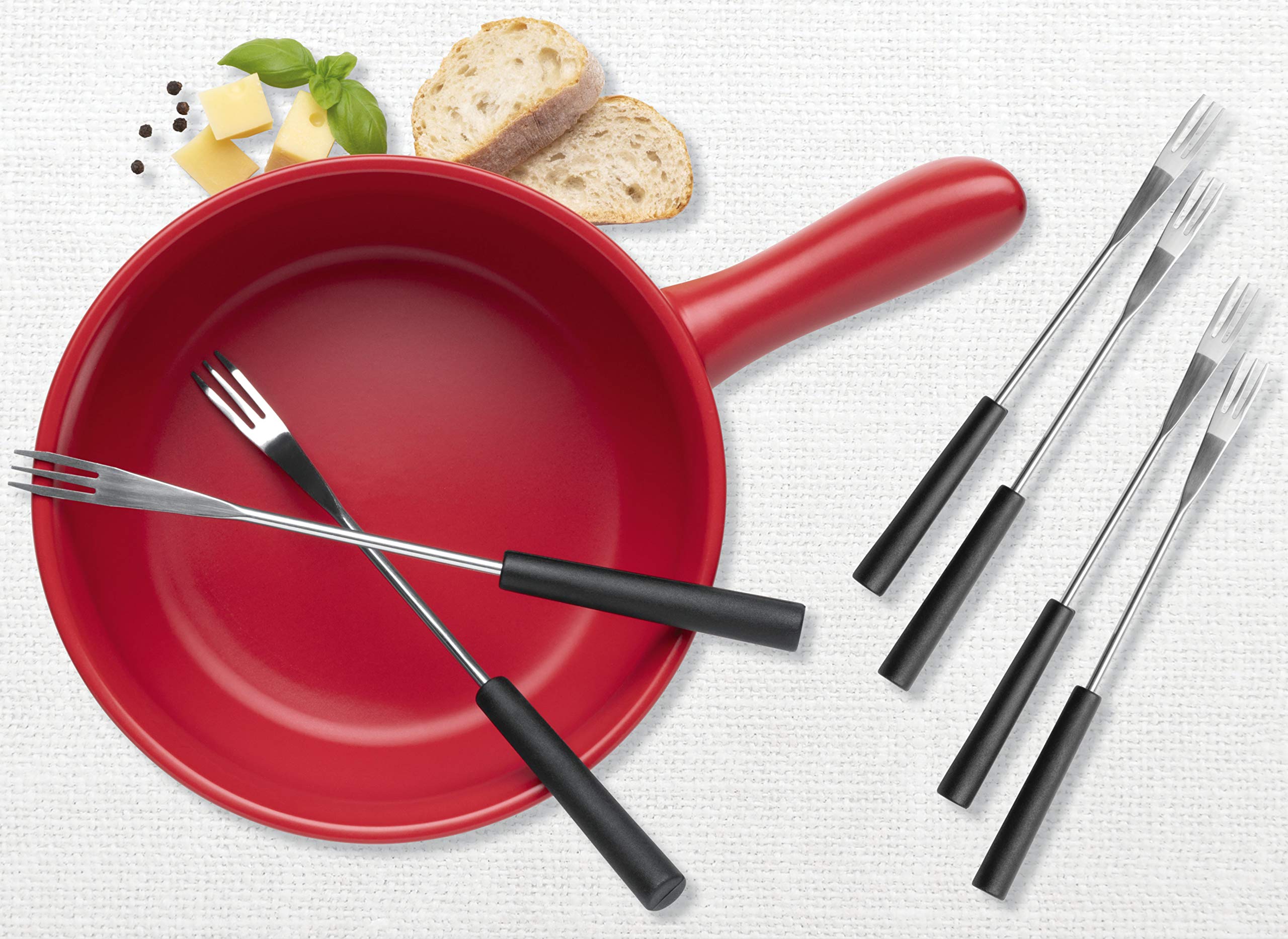 MÄSER 931893 Zestaw do fondue serowego dla 6 osób, 11-częściowy kompletny zestaw do fondue w stylu szwajcarskim z masywną ceramiczną doniczką, kamionka, 2,6 l, czerwony, czarny