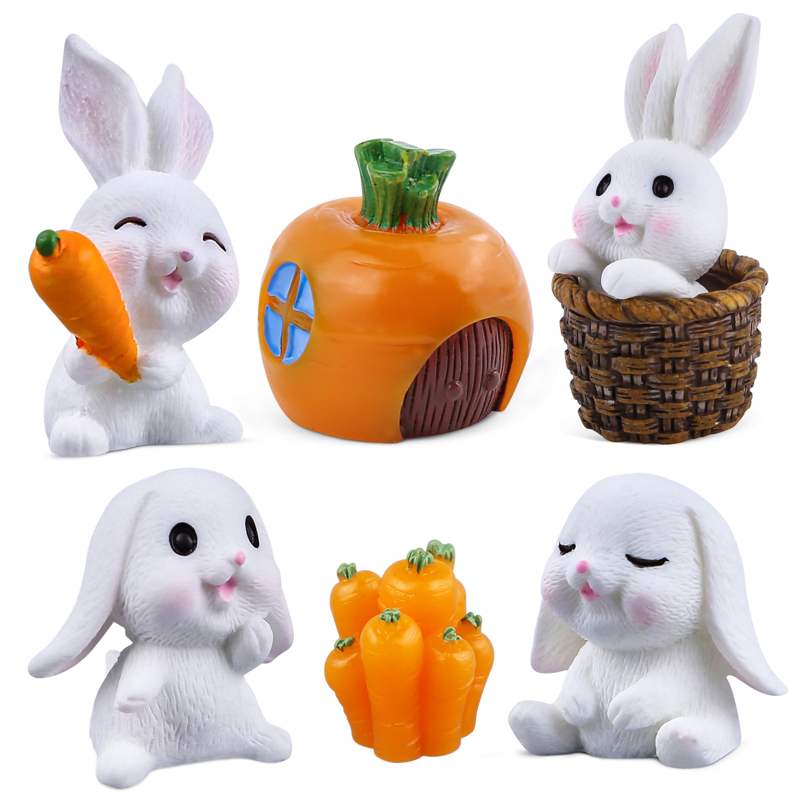 7Pack Cute Rabbit Figures, Mini Easter Bunny Carrot House Characters Fairy Garden Desk Toys for Kids Birthday Baby Shower Cake Decorations Party Favors