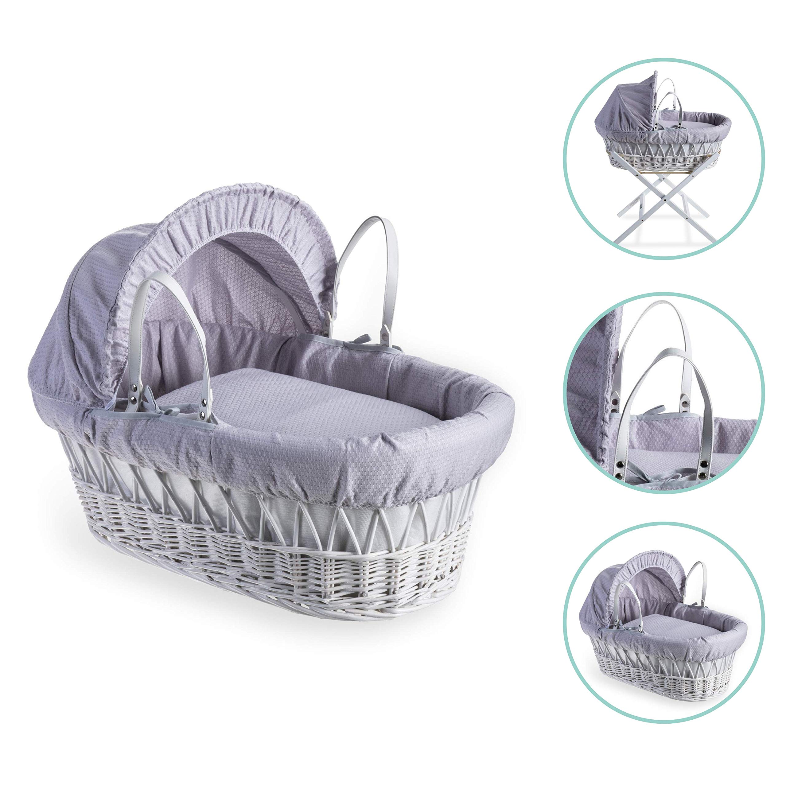 Clair de Lune Cotton Dream Weidenkörbchen mit Bettwäsche, inkl. Matratze, Kapuze, gepolstertem Innenfutter, Decke, in Großbritannien hergestellt, Grau