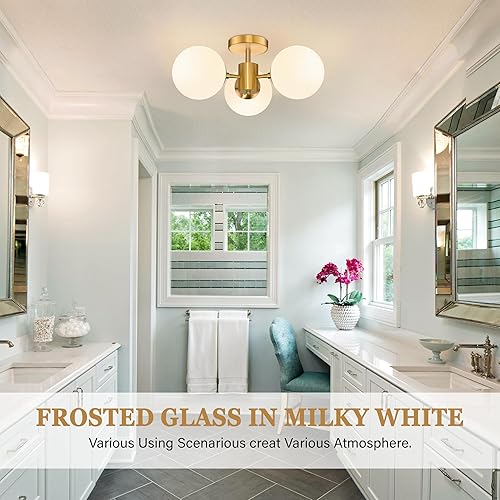 Miniatura 2 de Lámparas de techo semiempotradas de latón de mediados de siglo de 19 pulgadas, 3 luces de cristal esmerilado, lámpara de techo moderna para