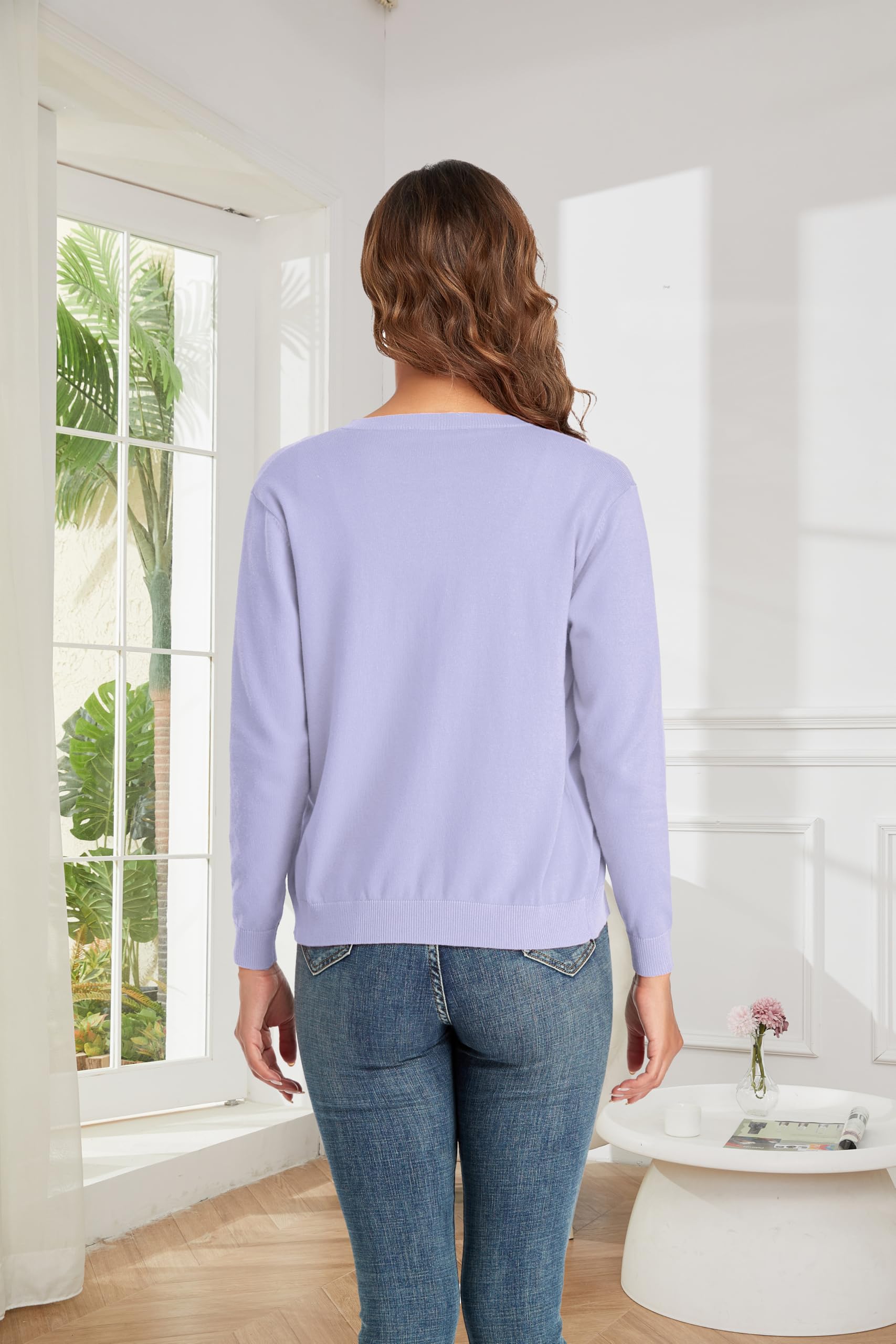 CUNYI Cardigan de Punto para Mujer Rebeca Cuello Redondo Clásico Manga Larga Chaqueta de Mujer con Botones Abrigo Elegante, Violeta M