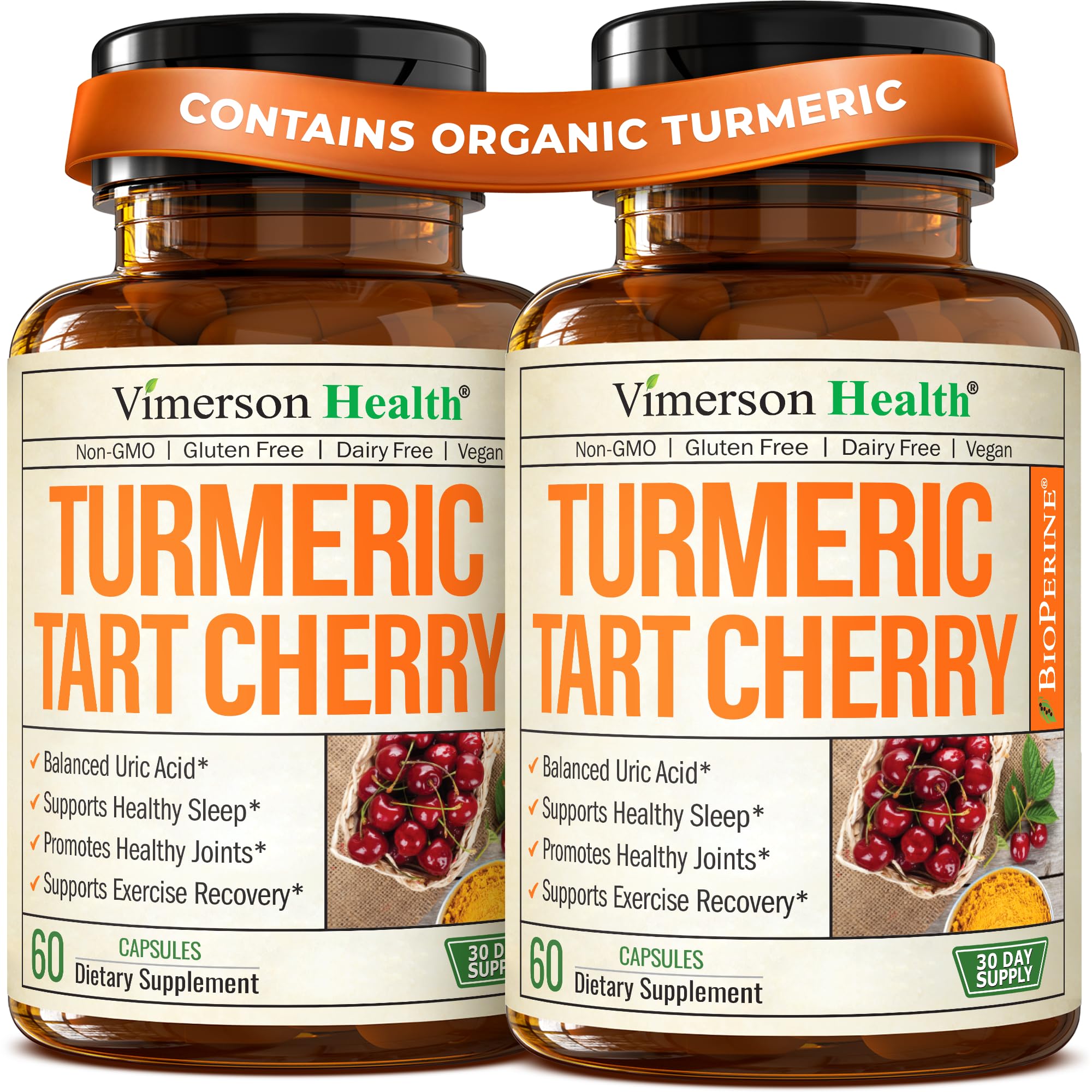 Tart Cherry Capsules with Turmeric 600mg for Uric Acid & Joint Health 2Pack 60 Count (Pack of 2)