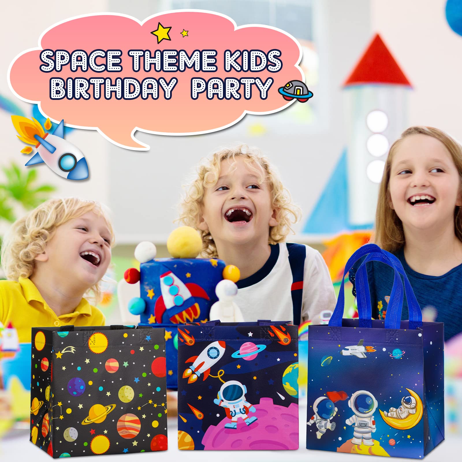 30 Weltraum-Geschenktüten Aus Vlies – Mit Griffen, Für Mottoparty, Ca. 20x20 Cm, 6 Designs