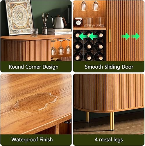 Miniatura 6 de DHH 55" Gabinete de barra de vino con almacenamiento, gabinete de barra de licor y café estriado con estante de vino y soporte para vasos, aparador