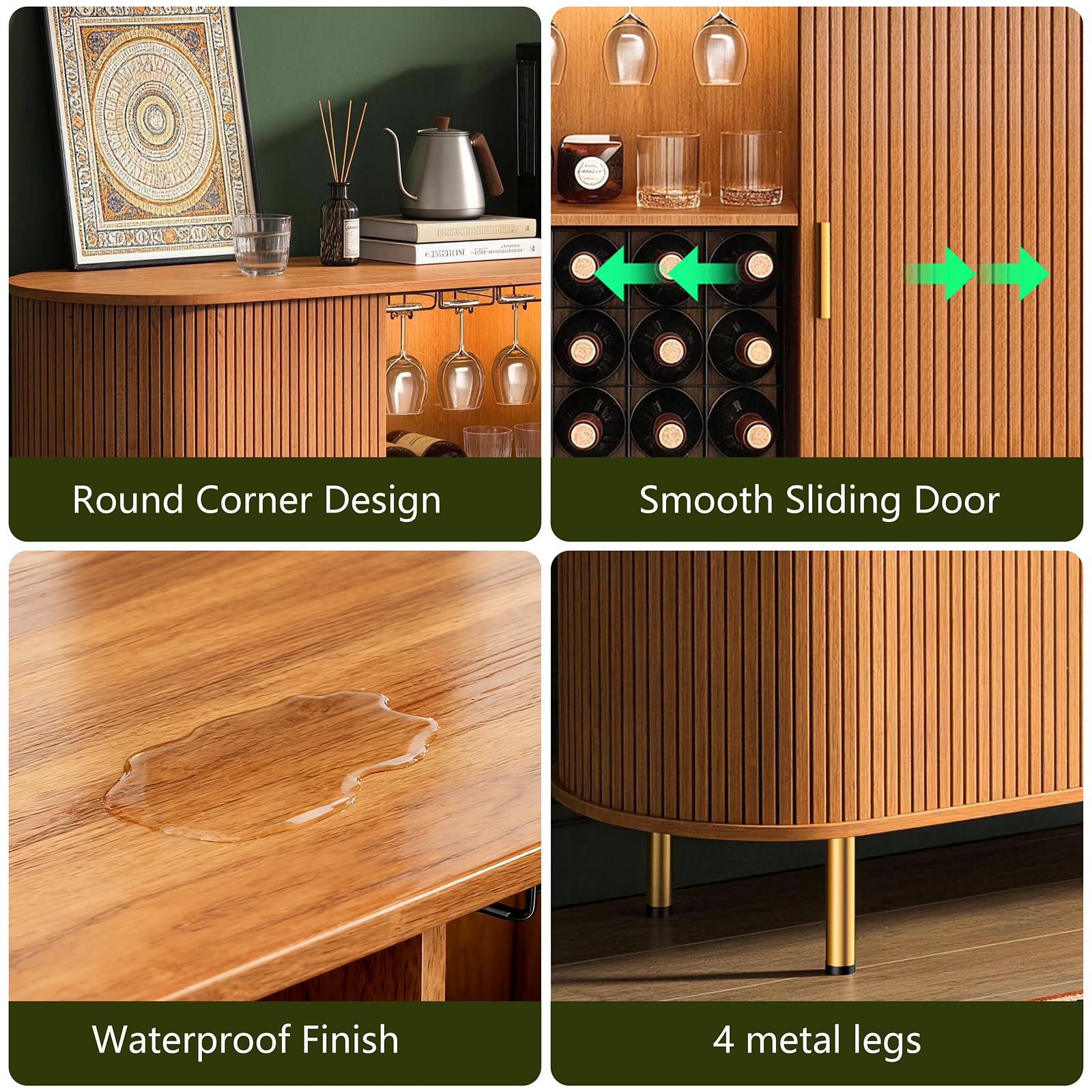 DHH 55" Wine Bar Cabinet with Storage, Fluted Liquor & Coffee Bar Cabinet with Wine Rack and Glass Holder, Buffet Sideboard with LED Lights for Home Kitchen Living Dining Room(Yellow Walnut)