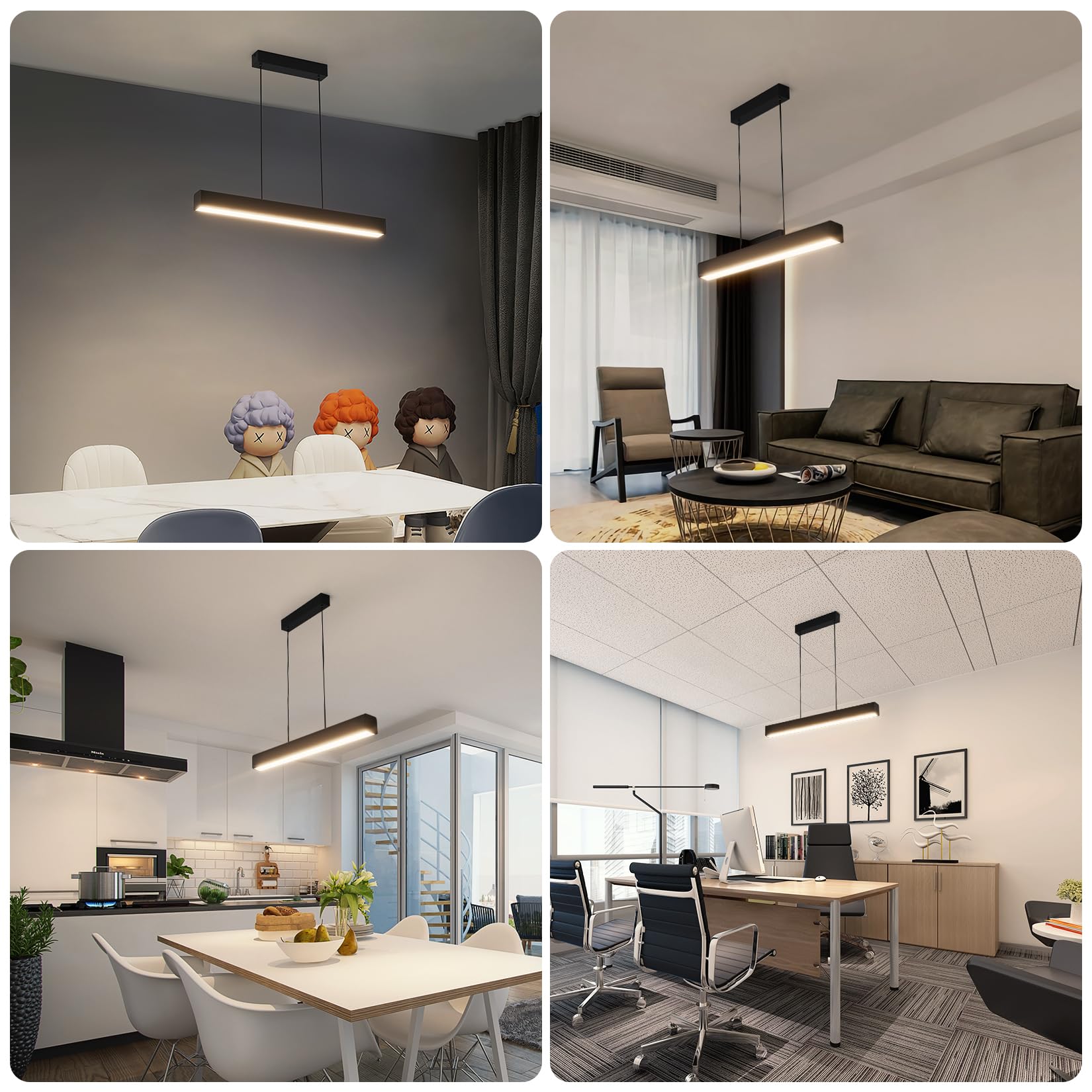 Klighten Led Lámpara Colgante De Comedor, Regulable 3000K–6000K, Lamparas de Techo Con Mando a Distancia, Lámpara De Comedor Diseño Lineal Altura Ajustable 150cm, Para Cocina Oficina, 60Cm/20W, Negro