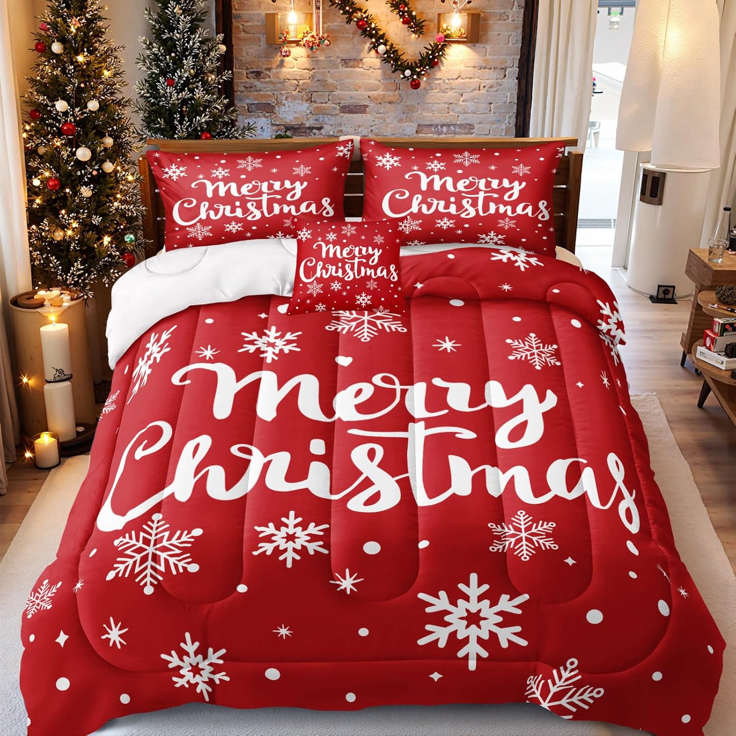 Merryword Snowflake Merry Christmas Comforter Set - King Size, 2 Pillowcases, 1 Cushion Cover, White Snowflake Print King Red