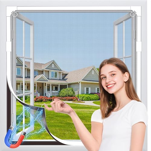 MLEJU Mosquitera Ventana Magnética 100x100 cm, Fibra de Vidrio Duradera | Tamaño Ajustable, Mosquitera Magnetica ,Fácil de Limpiar, Mosquiteras para ventanas Magneticas- Marco Blanco y Malla Gris