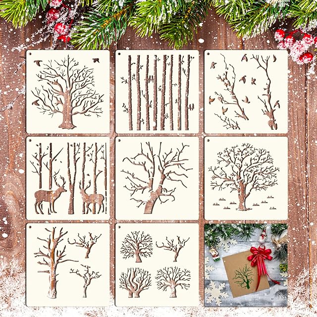 Grevosea 8 Pieces Aspen Tree Stencils, Reusable Trees Stencils Reversed Branches Stencils Painting Tree Natural Tree Stencils for Painting on Wood Canvas Wall DIY Home Décor 15*15 cm/5.9*5.9 inch