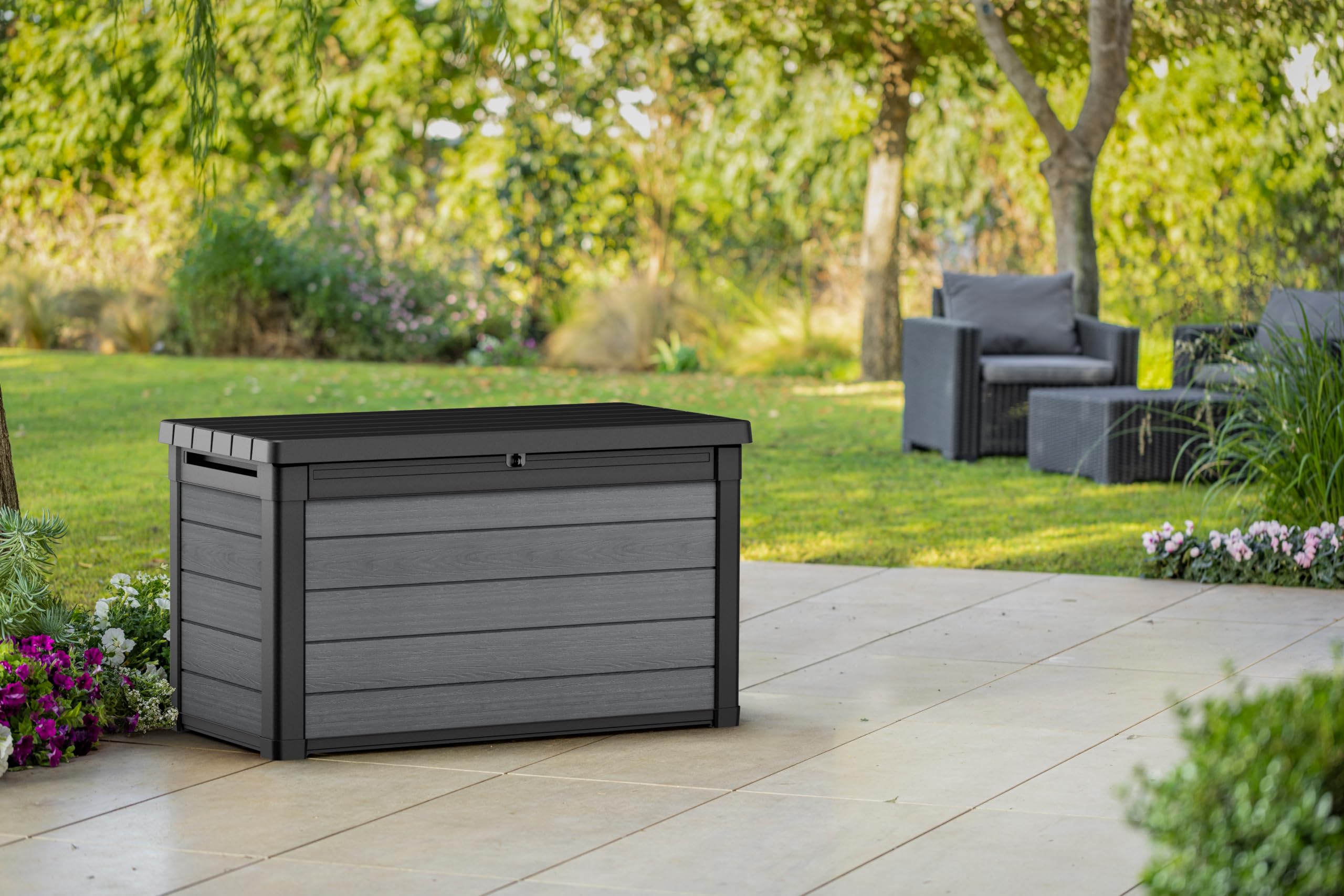 Keter Cortina 100G Baule da Giardino 380L Effetto Legno Grigio 122,9x62,1x70,6H cm