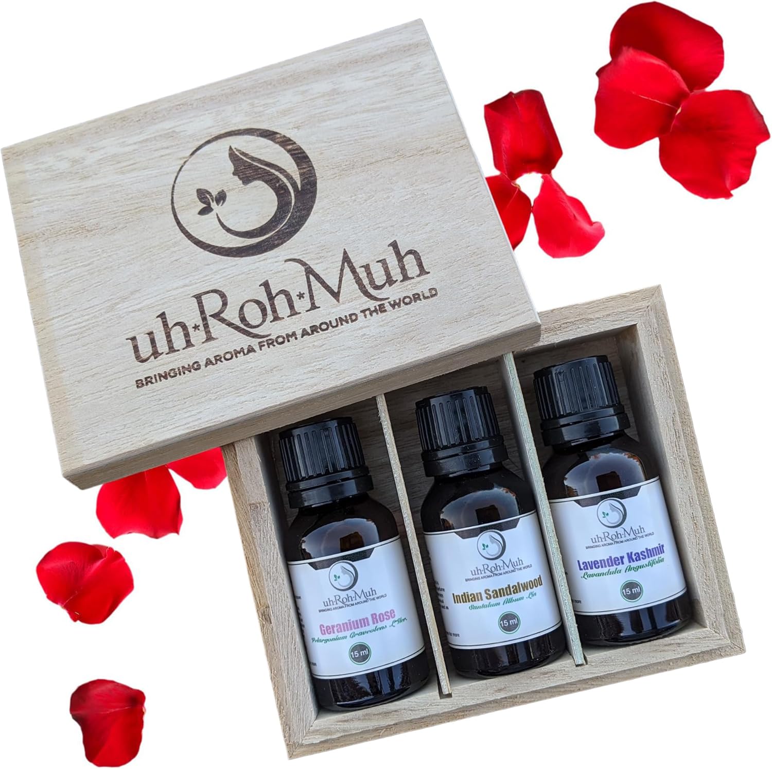 Indian Essence 3-Bottle Essential Oil Gift Pack - Sandalwood, Lavender, and Rose Geranium Essential Oils in Elegant Paulownia Wood Box - for Aromatherapy, Culinary, Hair and Skin Care