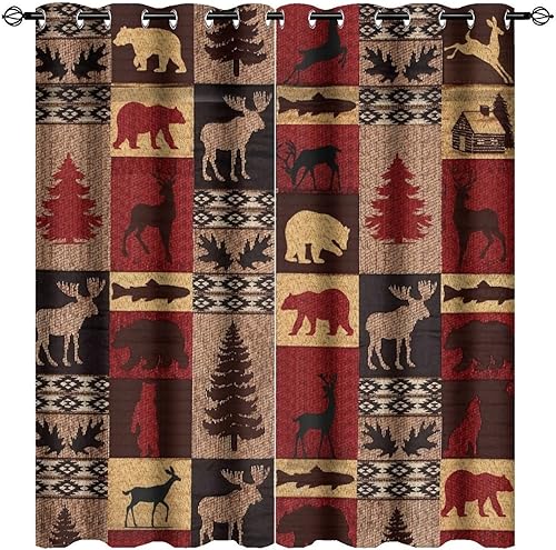 Kazynee Cortinas opacas para oscurecer la habitación con ojales, estilo campestre, alce y ciervo, estilo rústico, vintage, retro, rústico, estilo
