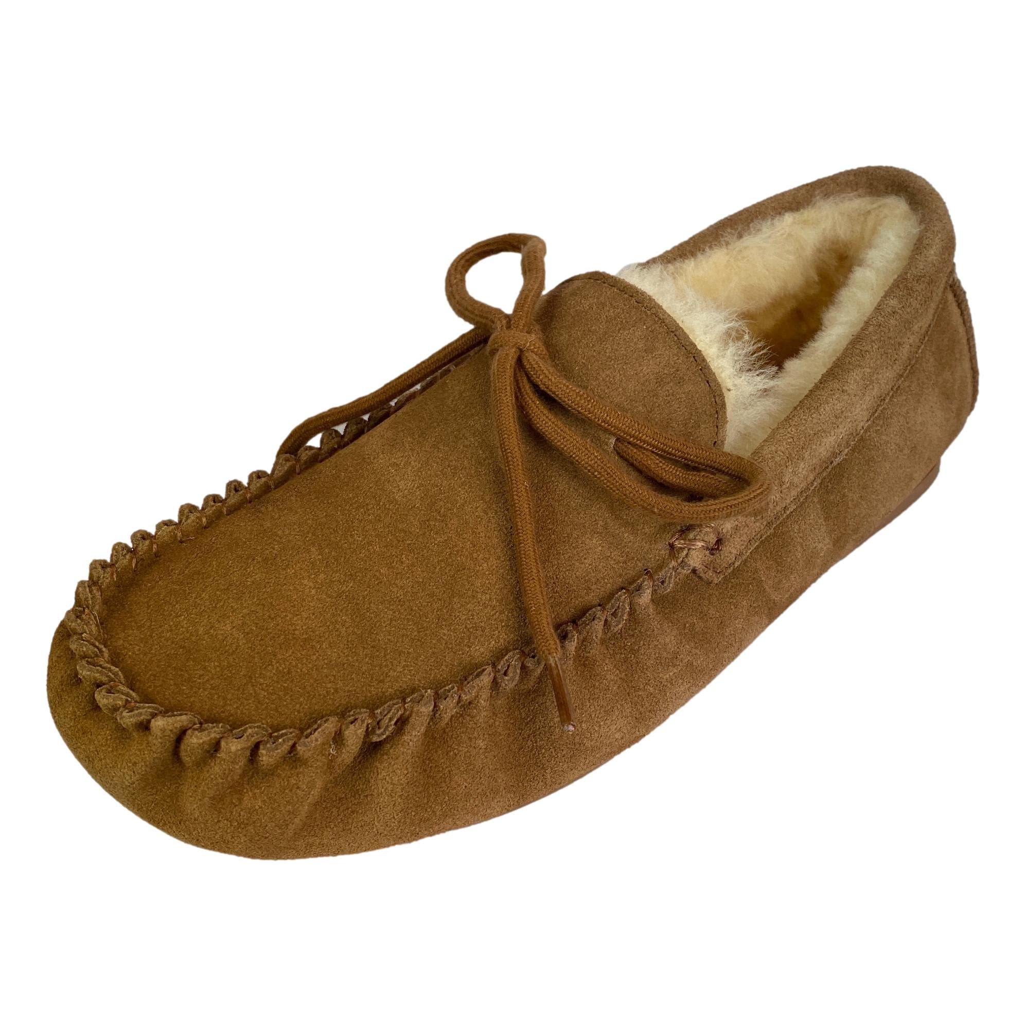 Sheepskin WorldDeluxe Mens Lambswool Moccasin Slippers with Hard Sole - Suede Upper