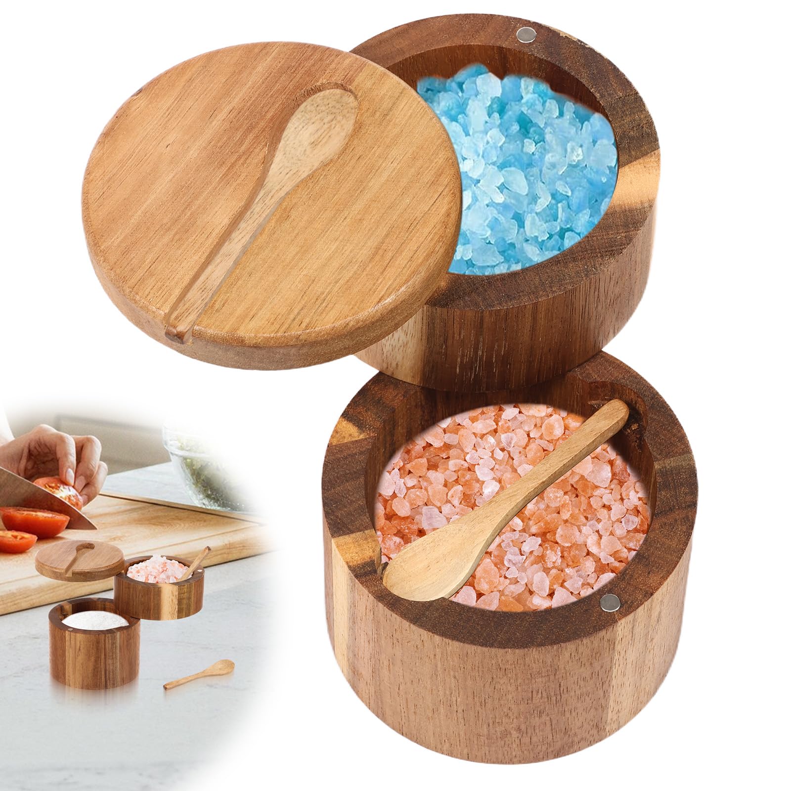 Acacia Wood Salt Cellar Salt and Pepper Pinch Pots with Built in Spoon and Magnetic Swivel Lid Round Spice Box Kitchen Spice Cooking Seasonings Keeper for Storing Pepper Sugar Sea Salts Herbs