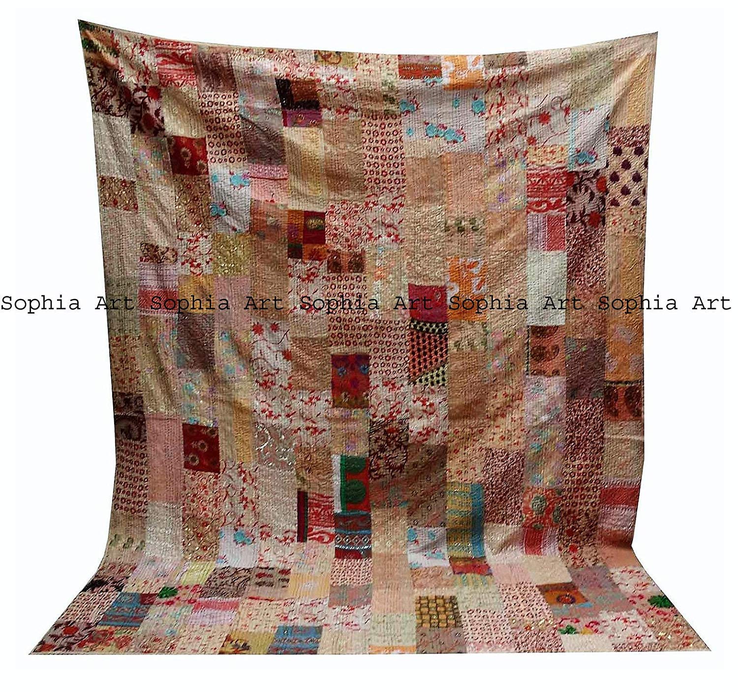 Handgemachte Druck Hand Jari Patchwork König/Twin Size Stickerei Kantha Quilt Home Dekorative Kantha Quilt Tagesdecke Indian Blanket Coverlet Art (Beige, 60" x 90")