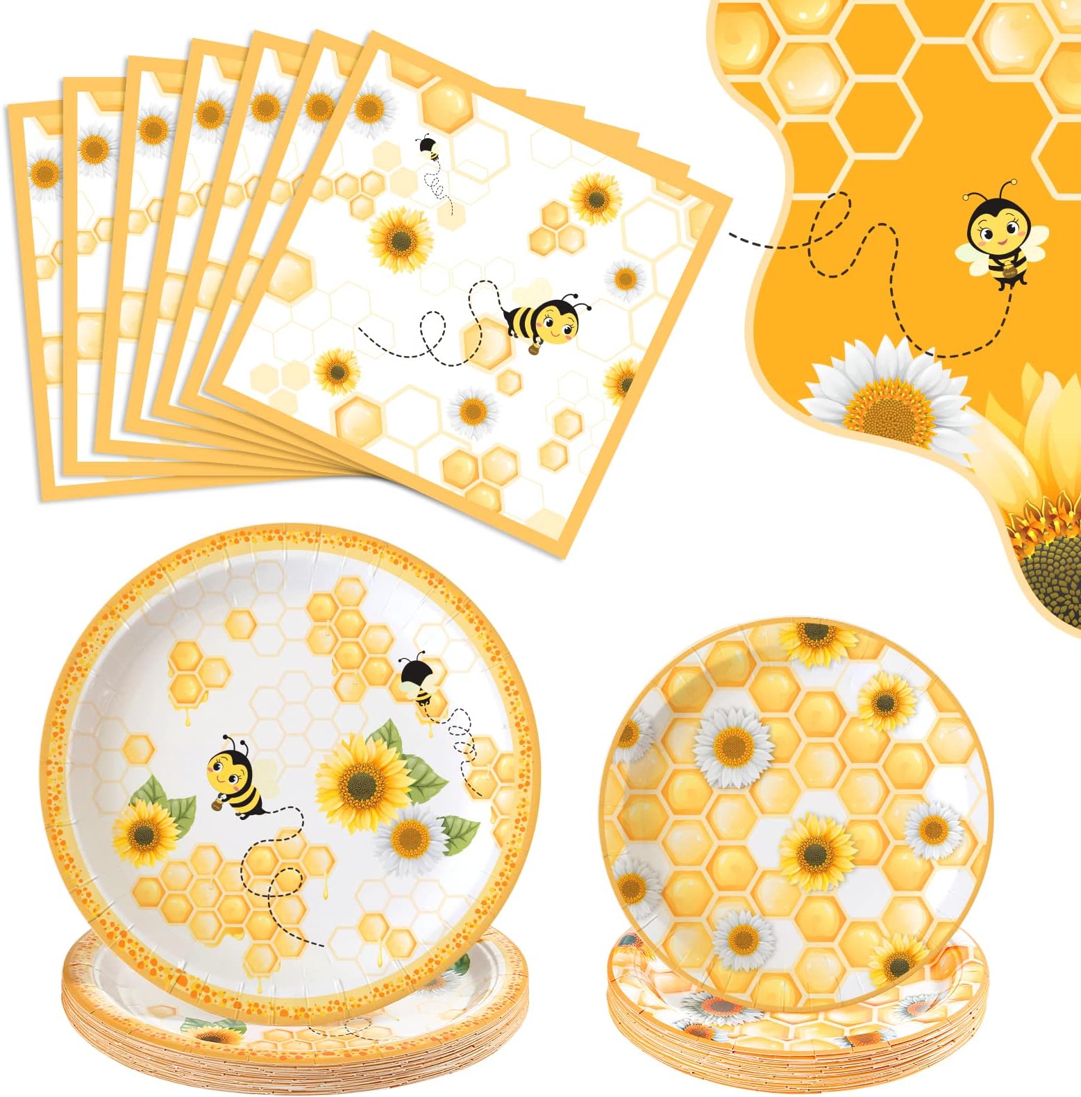 Kesote Party Supplies Bee Themed Dinnerware Set Paper Plates Napkins for Birthday Party Baby Shower Wedding Party Serve for 24 Guests
