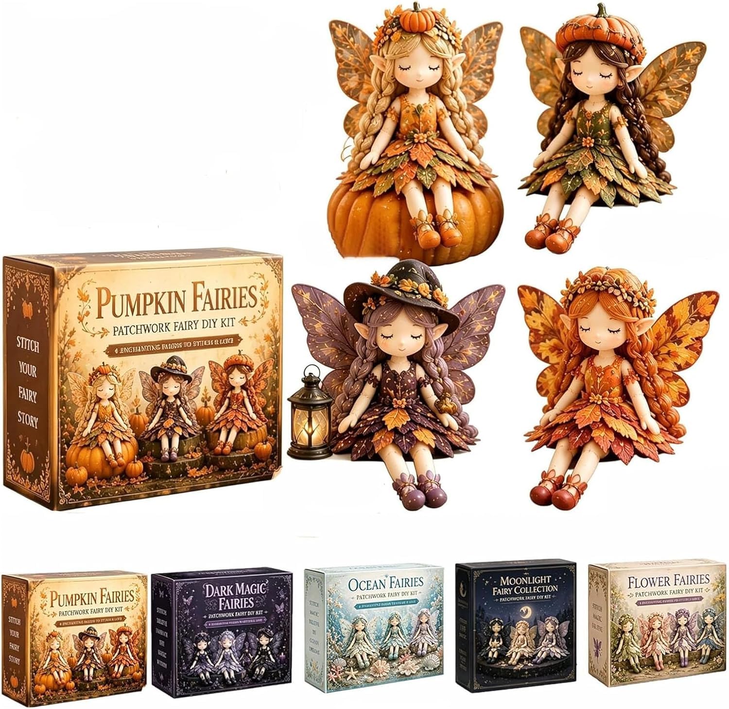 Fairy Patchwork DIY Collection, Flower Fairies Sewing Kit for Adults & Beginners, Make 4 Fabric Fairy Dolls with Pre-Cut Materials – Handmade Craft Gift & Cottagecore Home Decor (Pumpkin Fairies)