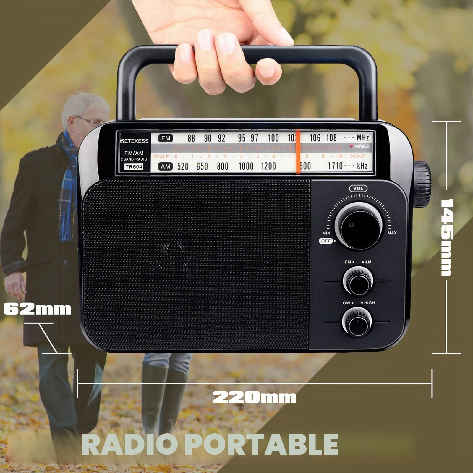 Retekess TR604 Radio Portable FM, Poste Radio Pile et Secteur, Excellente Réception Antenne, Transistor, Enceinte, Prise Casque, Grand écran,en Cadeau, pour Personnes Âgées