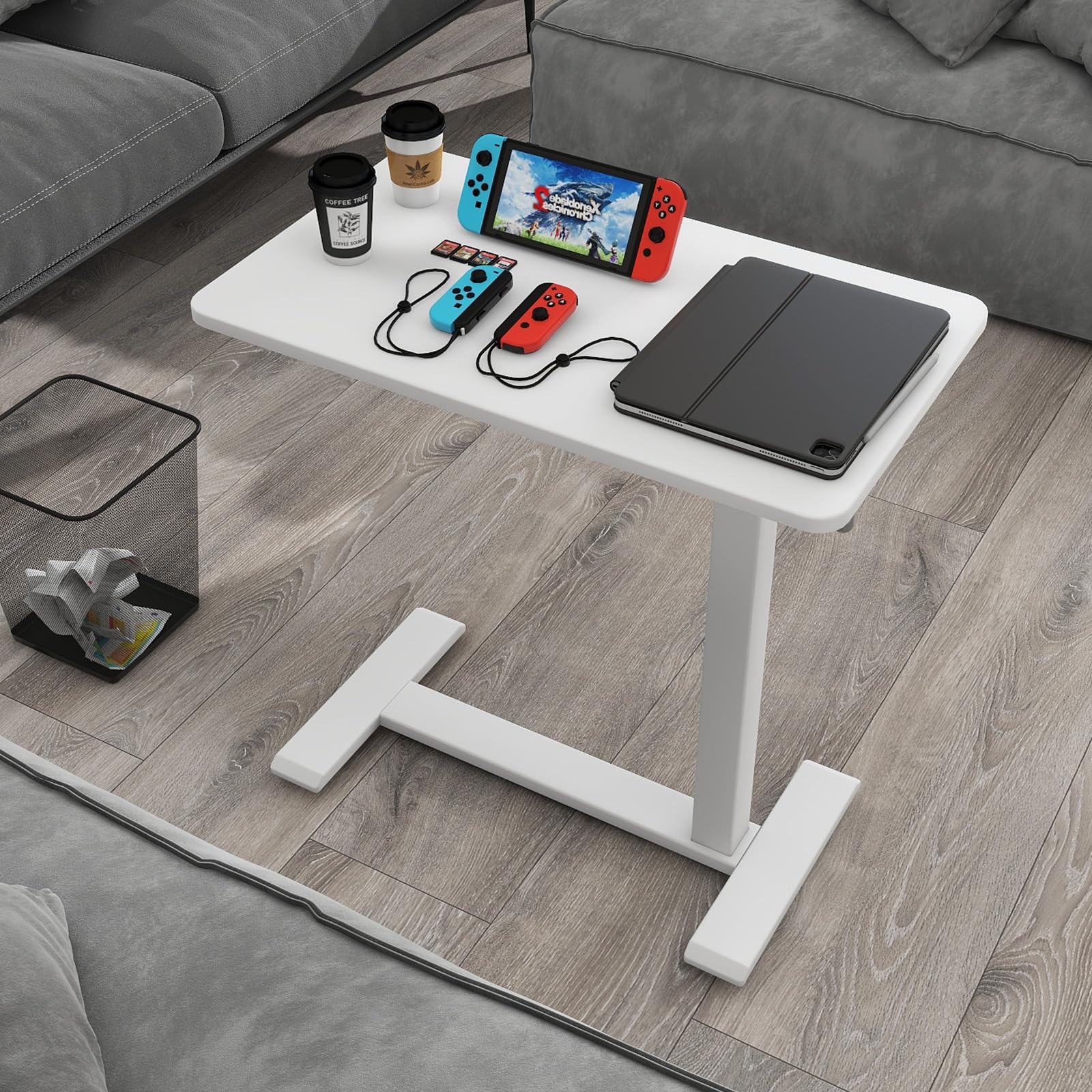 PUNCIA Tavolino da Divano con Ruote Bloccabili 68x40cm Scrivania per Computer Laptop Desk Medico Mobile Tavolo da Letto Porta Computer Regolabile in Altezza 66-100cm per Ufficio e Casa (Bianco)