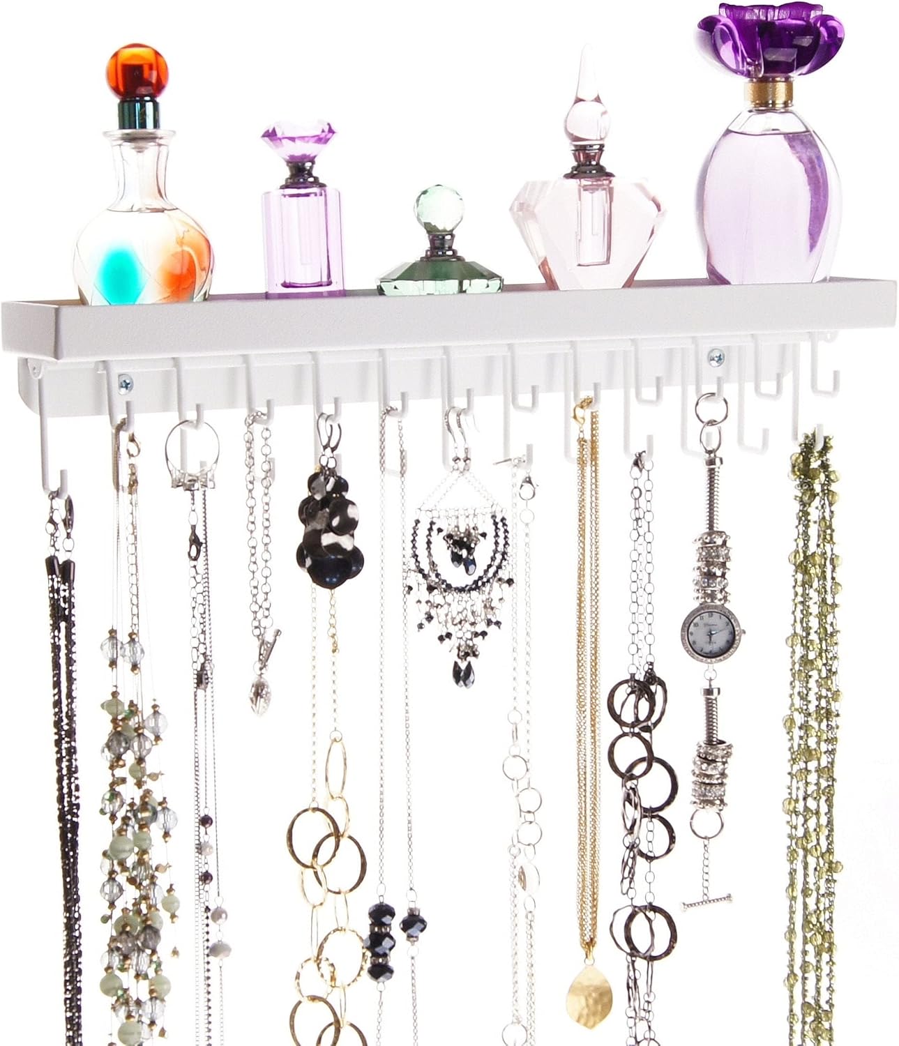 Angelynn's Heavy Duty Wall Mounted Long Necklace Hooks Holder Display Bracelet Organizer with Tray Shelf, Hanging Closet Jewelry Storage Rack, Schelon Black 14 1/2" x2 1/2"
