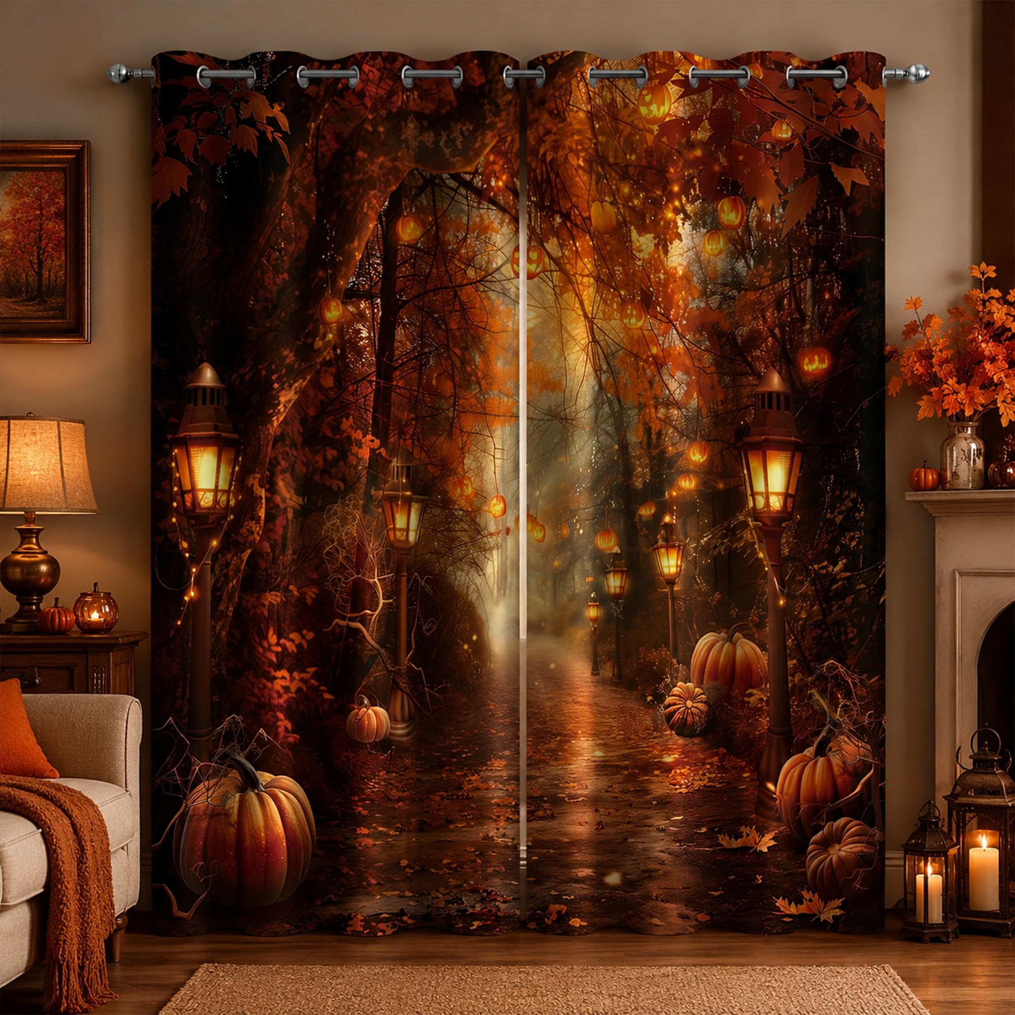 PAOPOED Halloween Forest Window Curtains 52 x 96 in, Pumpkin Lantern Autumn Path Drapes, Fall Woodland Curtains for Living Room Bedroom