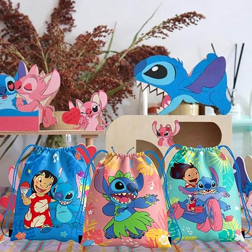 Miniatura 6 de Nuwontun 12 bolsas de dulces de puntada con cordón, bolsas de regalo para niños, decoraciones de fiesta de cumpleaños Lilo & Stitch (10.6 x 13.3