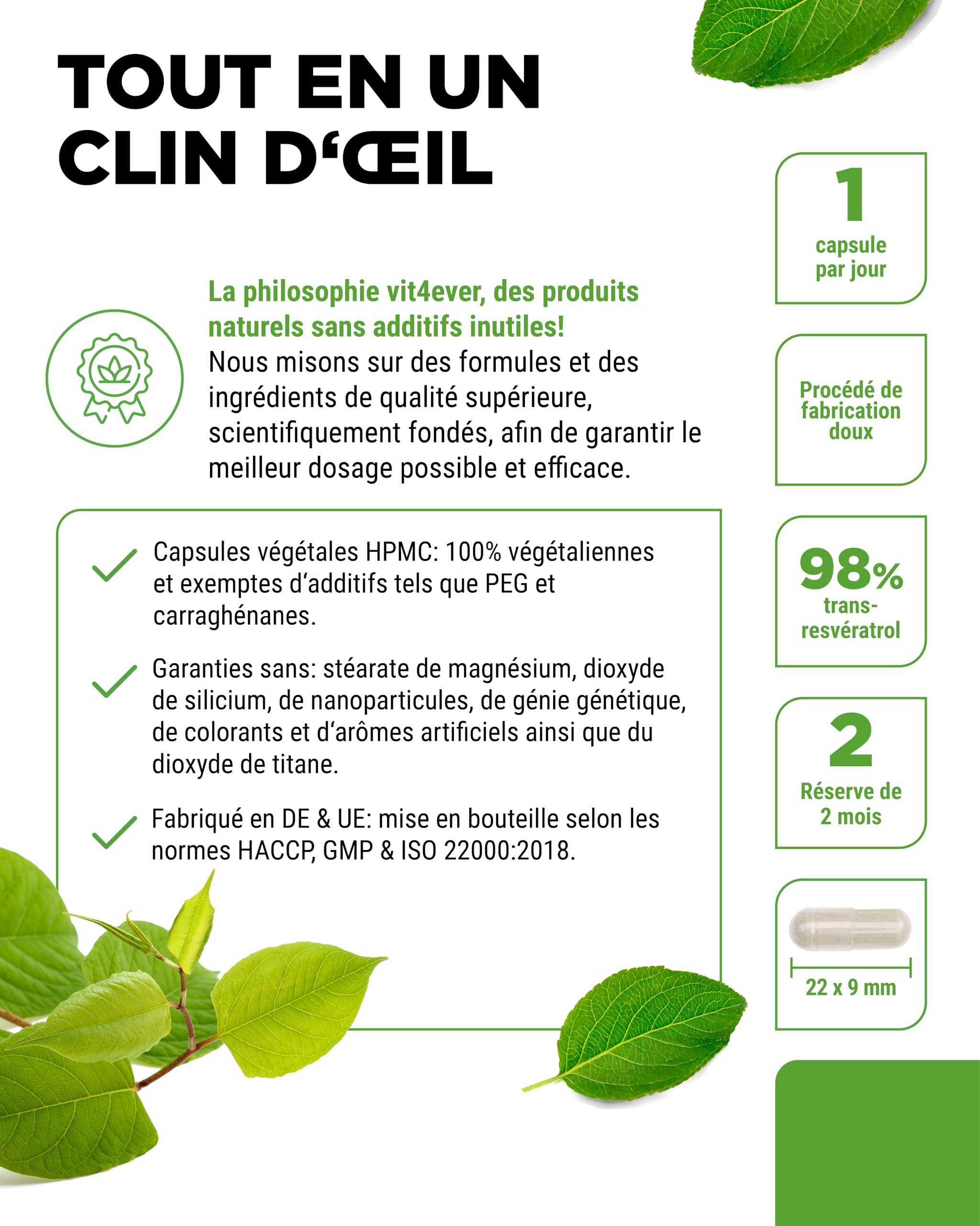 Resvératrol - 520 mg par Gélule - 98% Trans-Resvératrol de l'Extrait de Racine de Renouée du Japon 100:1 + Pipérine pour une Biodisponibilité Optimisée - 60 Gélules - Hautement Dosé - Vegan