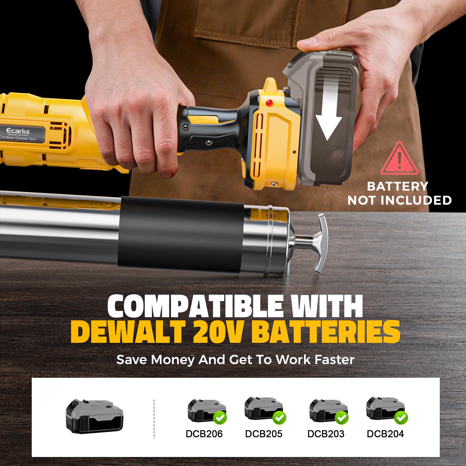 Ecarke - Pistola de engrase inalámbrica compatible con batería DeWalt de 20 V, pistola de engrase eléctrica máxima de 12000 PSI, pistola doble y agarre en línea, funciona con grasa a granel y cartucho