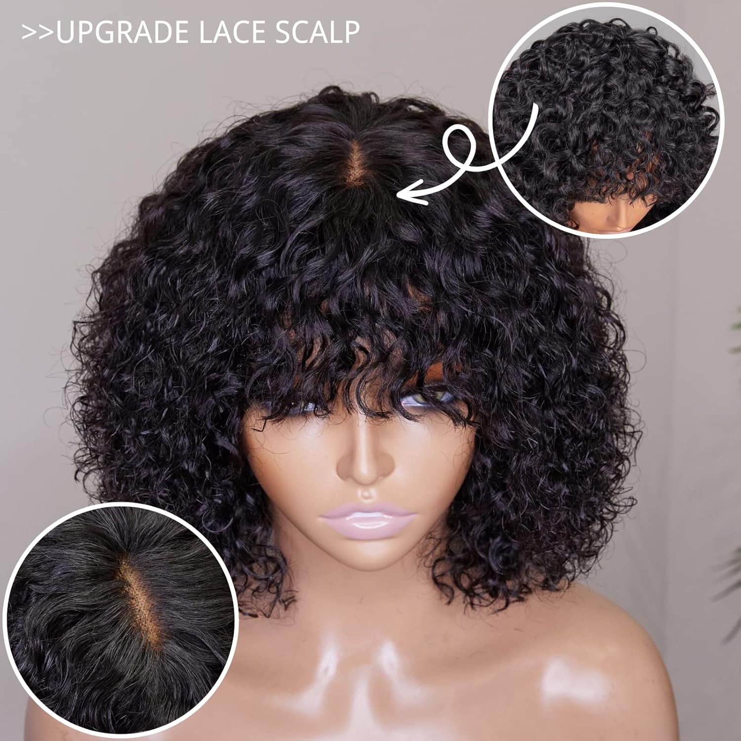 LUVME HAIR 10 Inch Short Curly Wigs with Bangs Water Wave Bob Wig Human Hair Short
