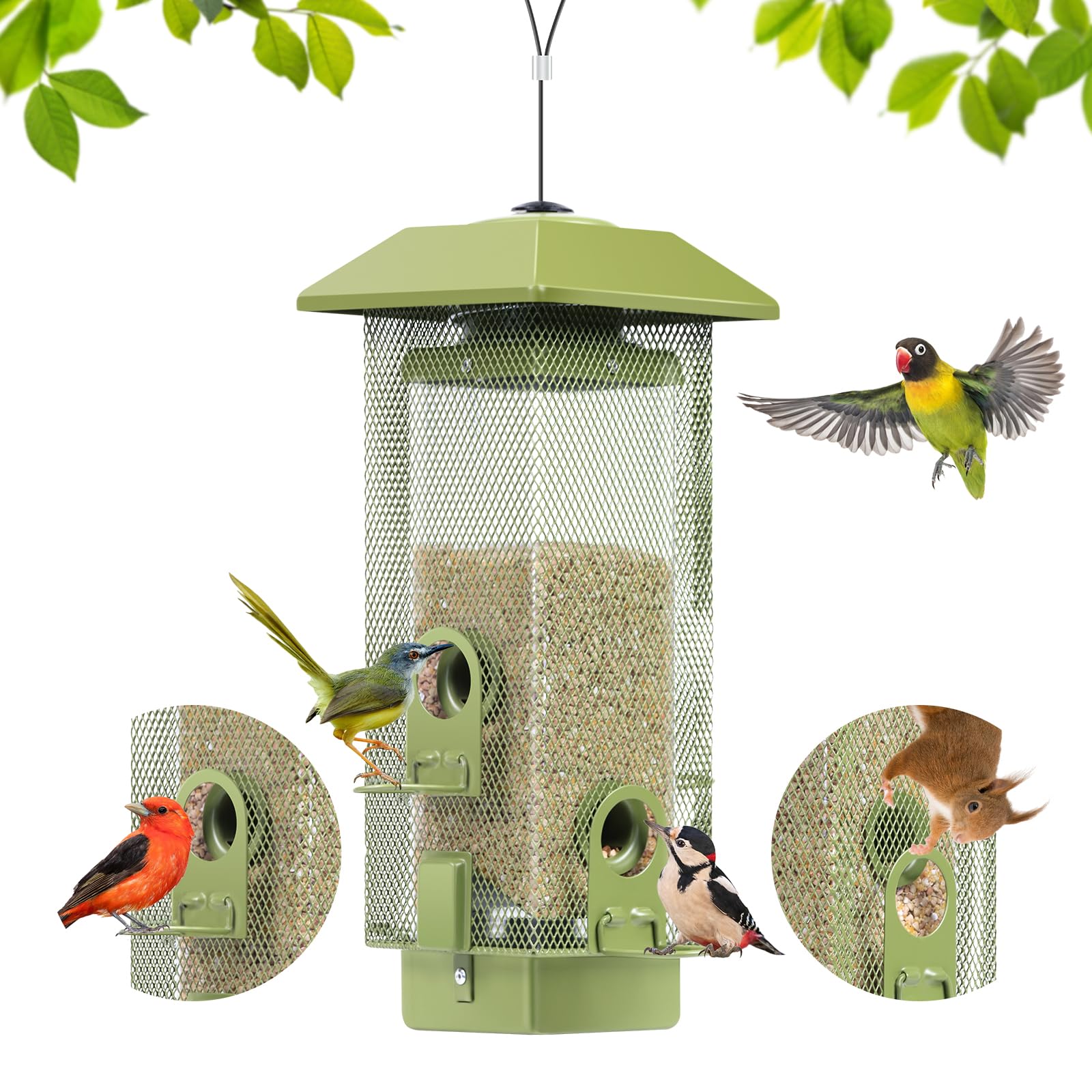 Squirrel Proof Bird Feeder,Gravity Protection Metal Bird Feeder for Outside Hanging,Mesh Wild Bird Feeder,4 Perches,2lbs Seed Capacity for Finch Cardinal Chickadee Sparrow...