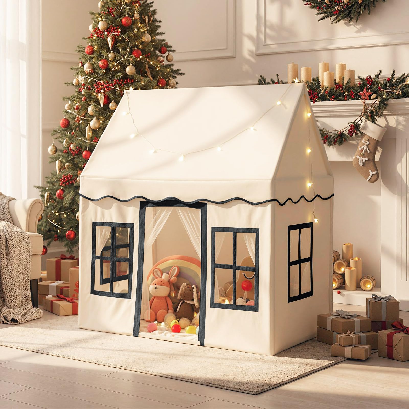COSTWAY Kinderspielhaus mit Sternenlichtern, Prinzessin Prinzess Kinderzelt mit Fenstern & Netzvorhängen, Kinderspielzelt Spielzelt Spielhaus für Jungen und Mädchen (Beige)